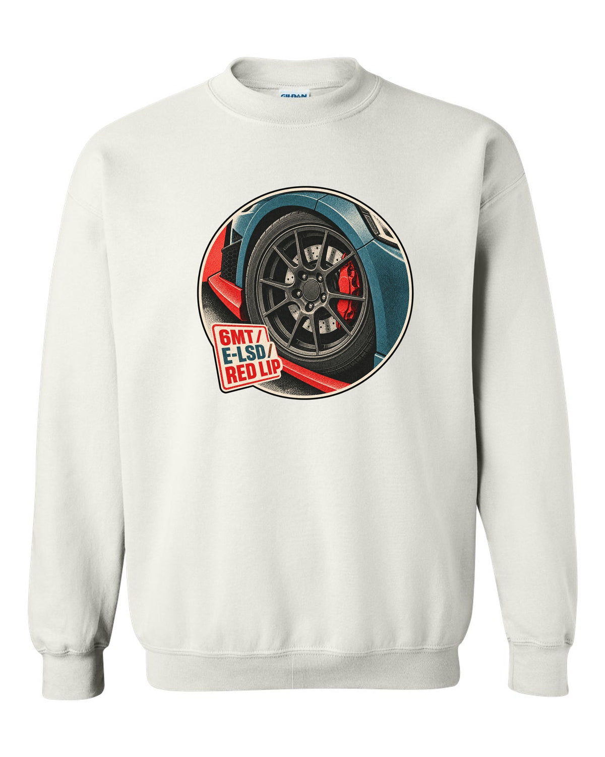 Risograph duotone print of a Hyundai Veloster N JS wheel and red front lip with 6MT E-LSD text white crewneck front view with the design