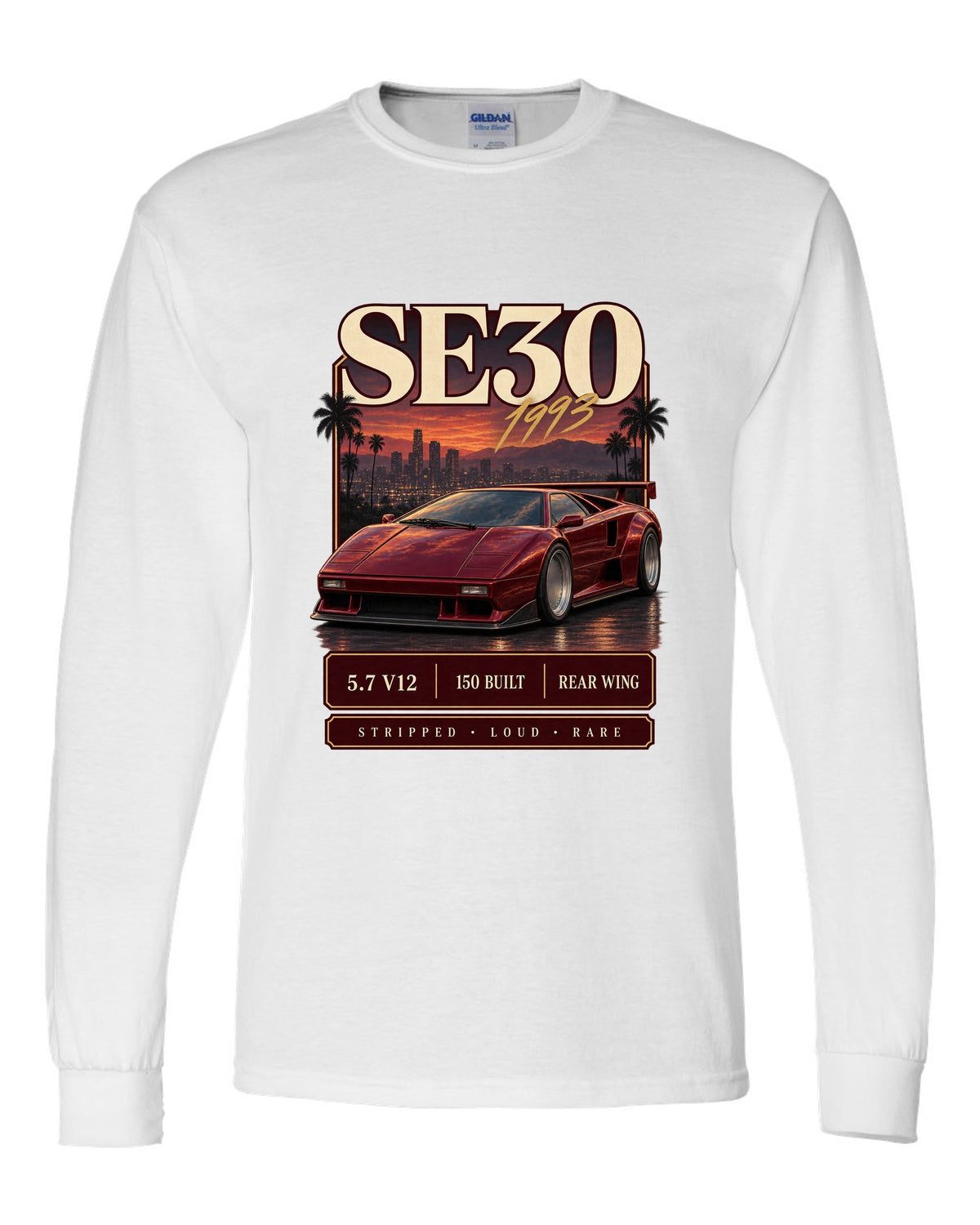 Archive panel print of a Lamborghini Diablo SE30 with 5.7 V12 and 150 built text white long sleeve front view with the design