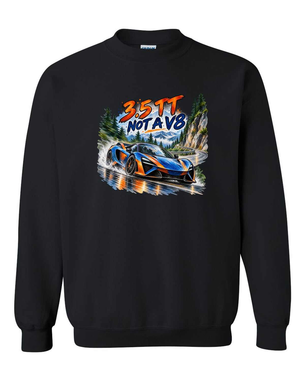 Ford GT 2017-2022 on a hairpin in a watercolour wash print black crewneck front view with the design