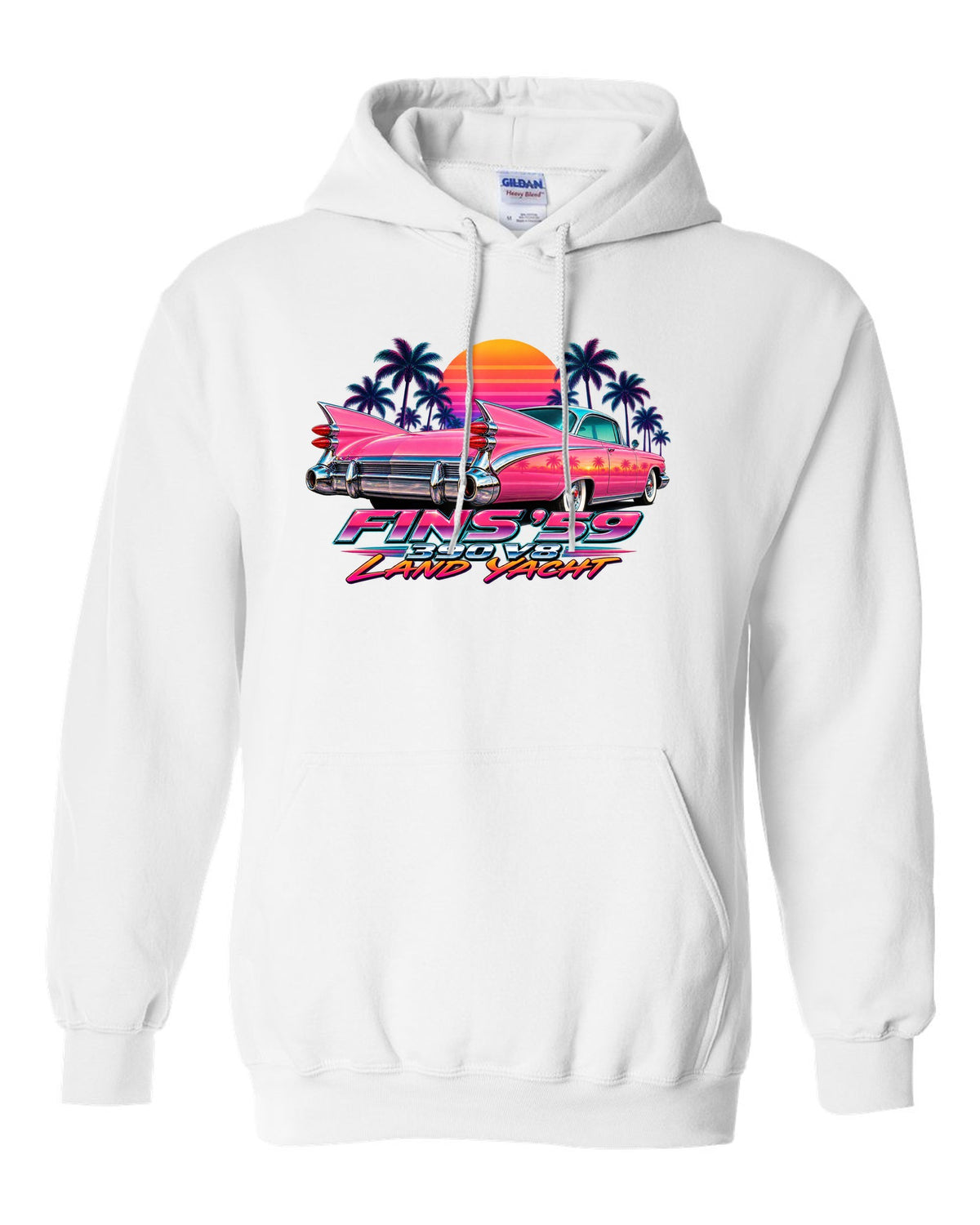 1959 Cadillac Series 62 Coupe de Ville rear fins against an airbrush retro sunset white pull over hoodie front view with the design
