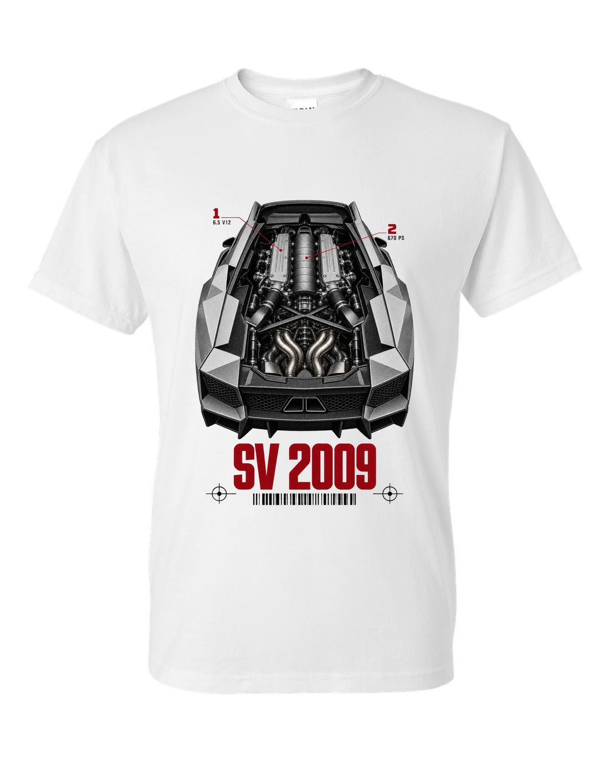 Engine hero print of a Lamborghini Murcielago LP670-4 SV with 6.5 V12 and 670 PS callouts white t-shirt front view with the design