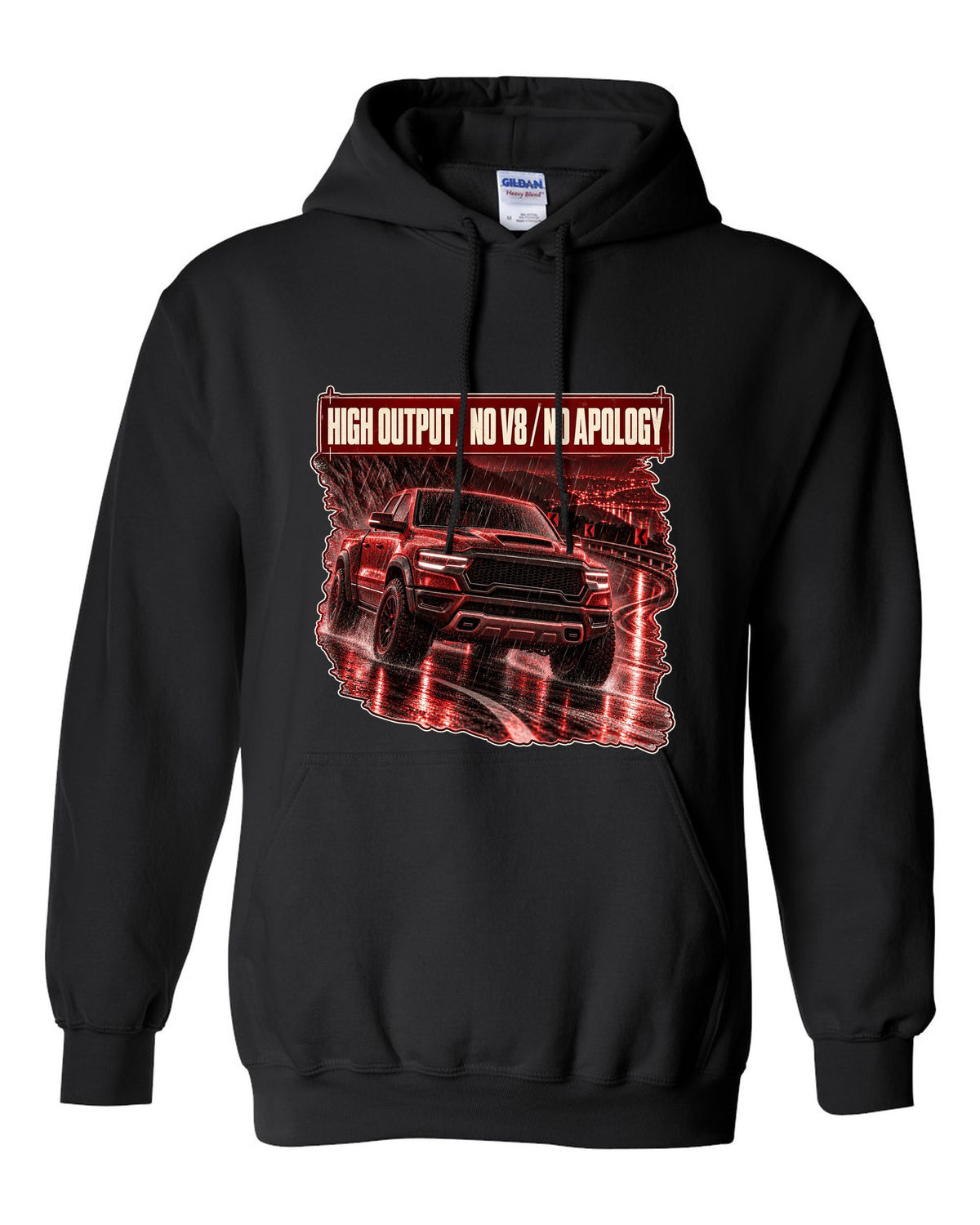 Ram 1500 RHO 2025 night street poster print black pull over hoodie front view with the design