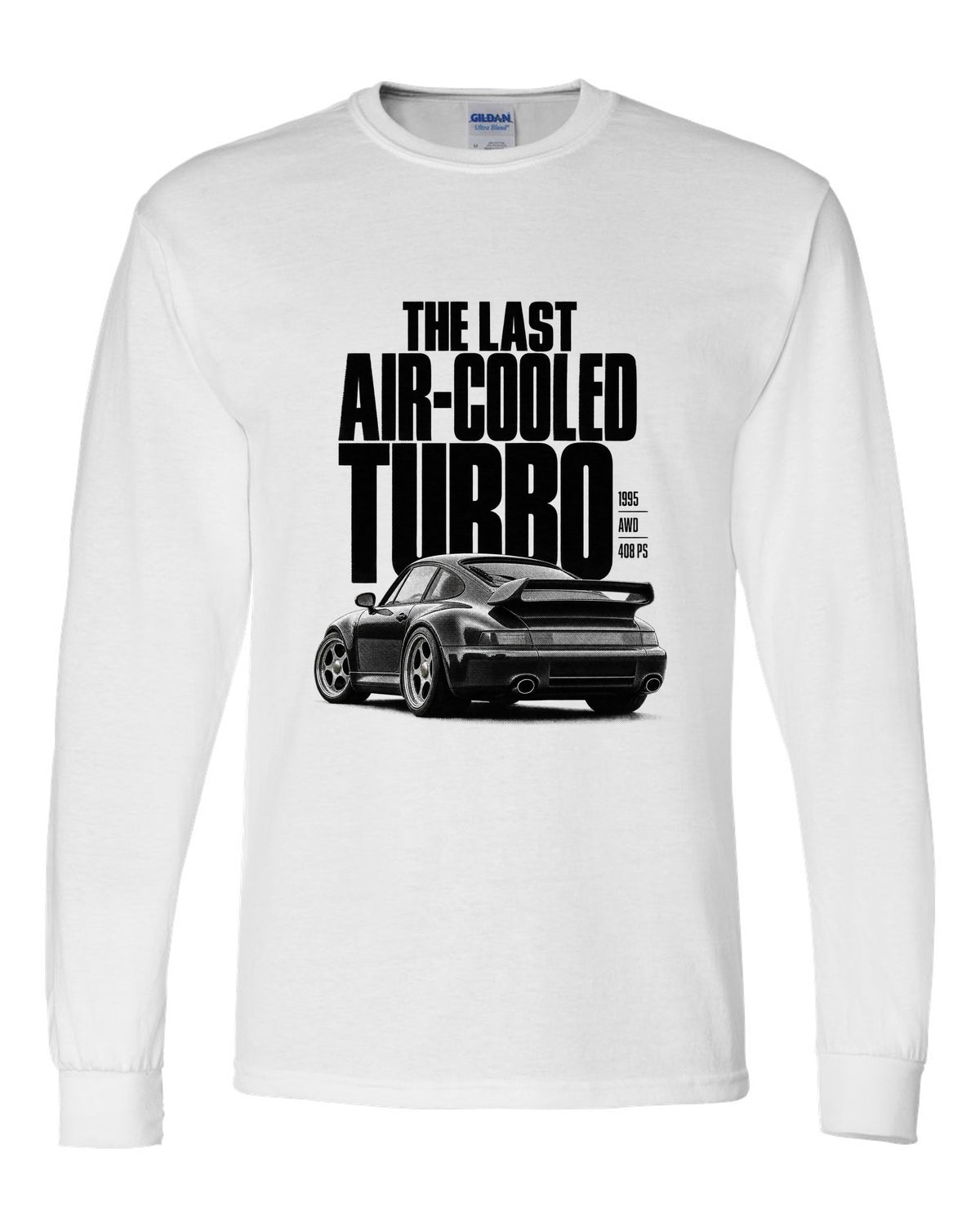Halftone print of the Porsche 911 Turbo (993) with the line The Last Air-Cooled Turbo white long sleeve front view with the design