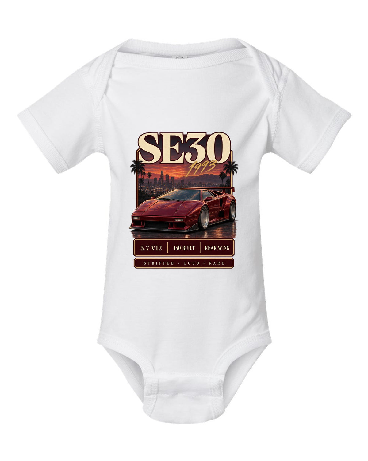 Archive panel print of a Lamborghini Diablo SE30 with 5.7 V12 and 150 built text white baby onesie front view with the design