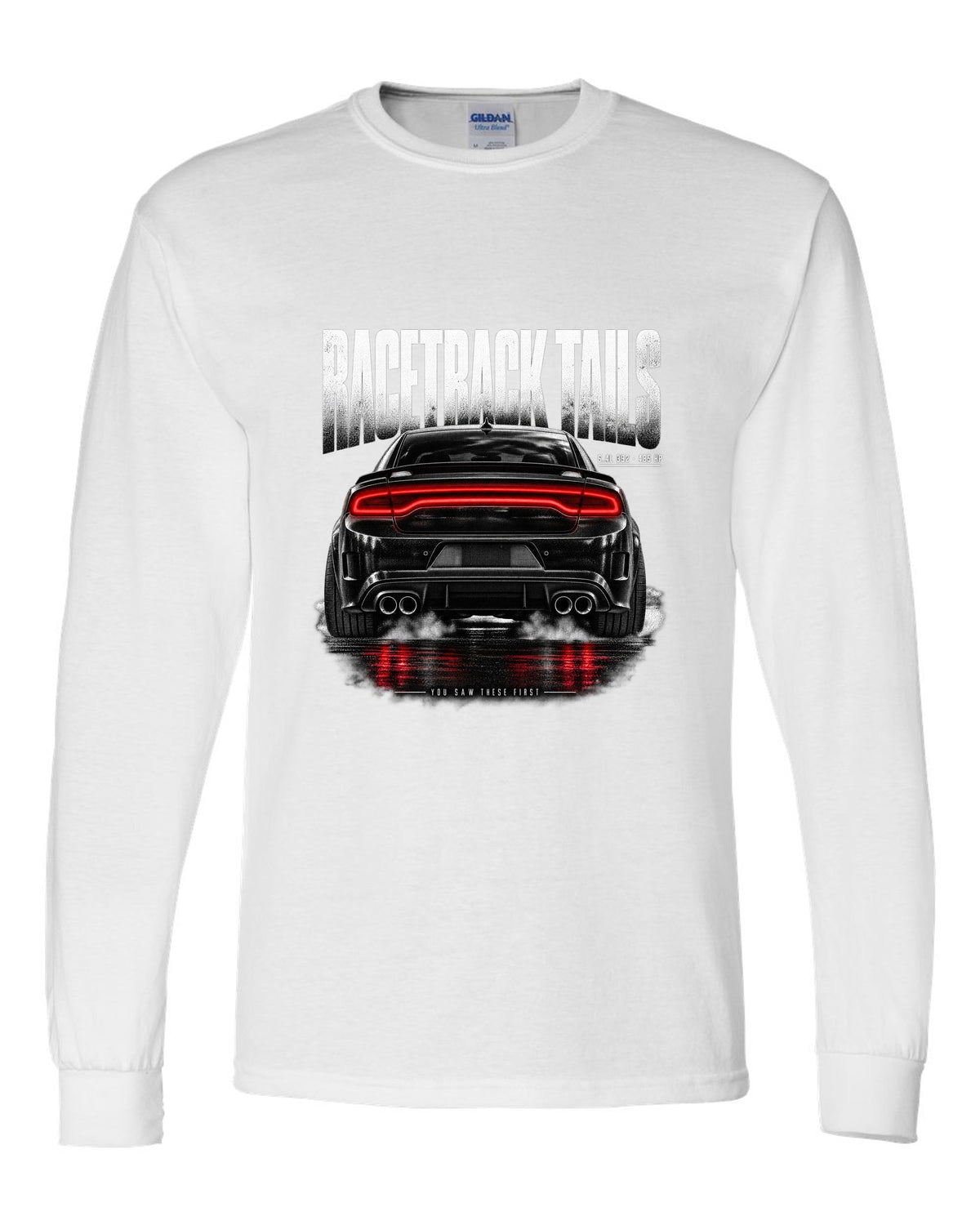 Taillight macro print of a 2016 Dodge Charger Scat Pack LX/LD with 6.4L 392 and 485 HP text white long sleeve front view with the design