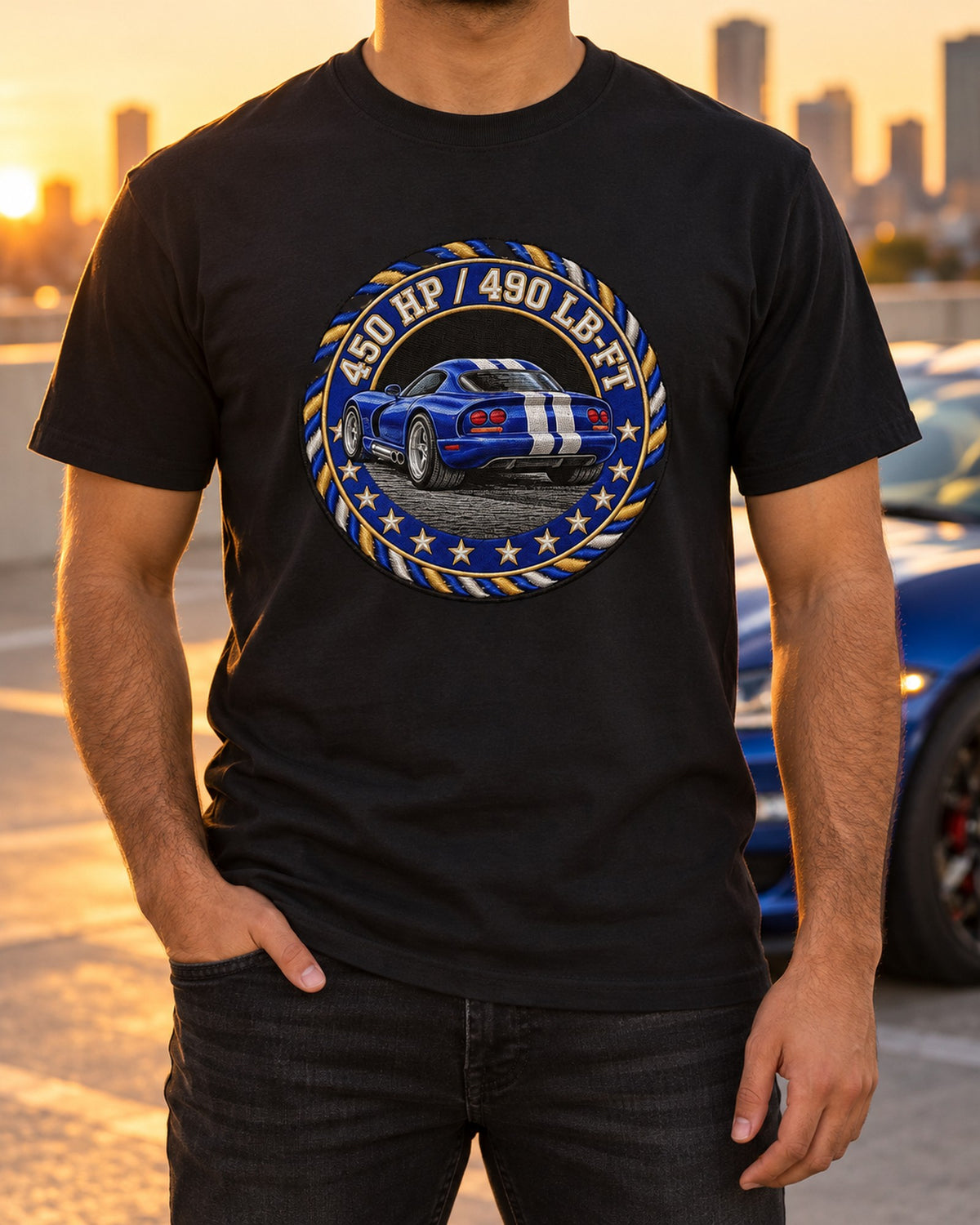 1996 Dodge Viper GTS SR II Blue Varsity Crest Tee, 450 HP T-Shirt Black worn hero