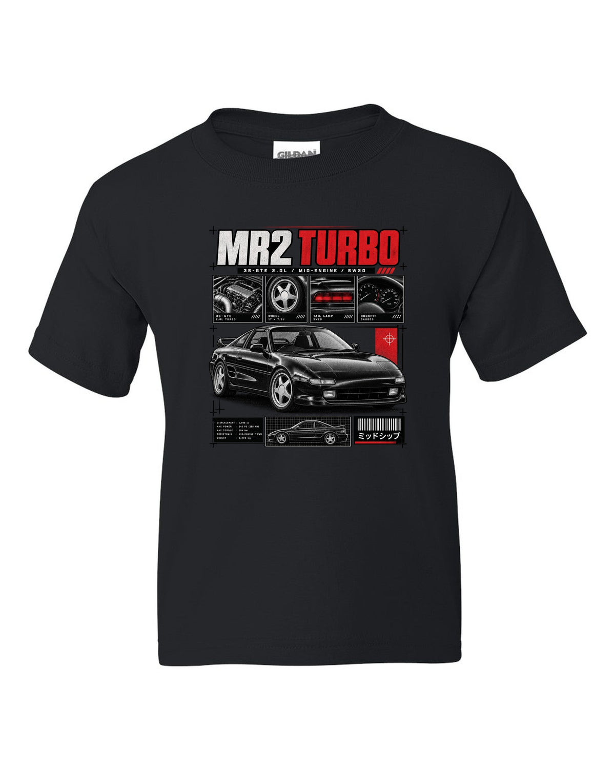 print of a Toyota MR2 SW20 Turbo in dossier panels with 3S-GTE 2.0L and mid-engine text black kids tee front view with the design