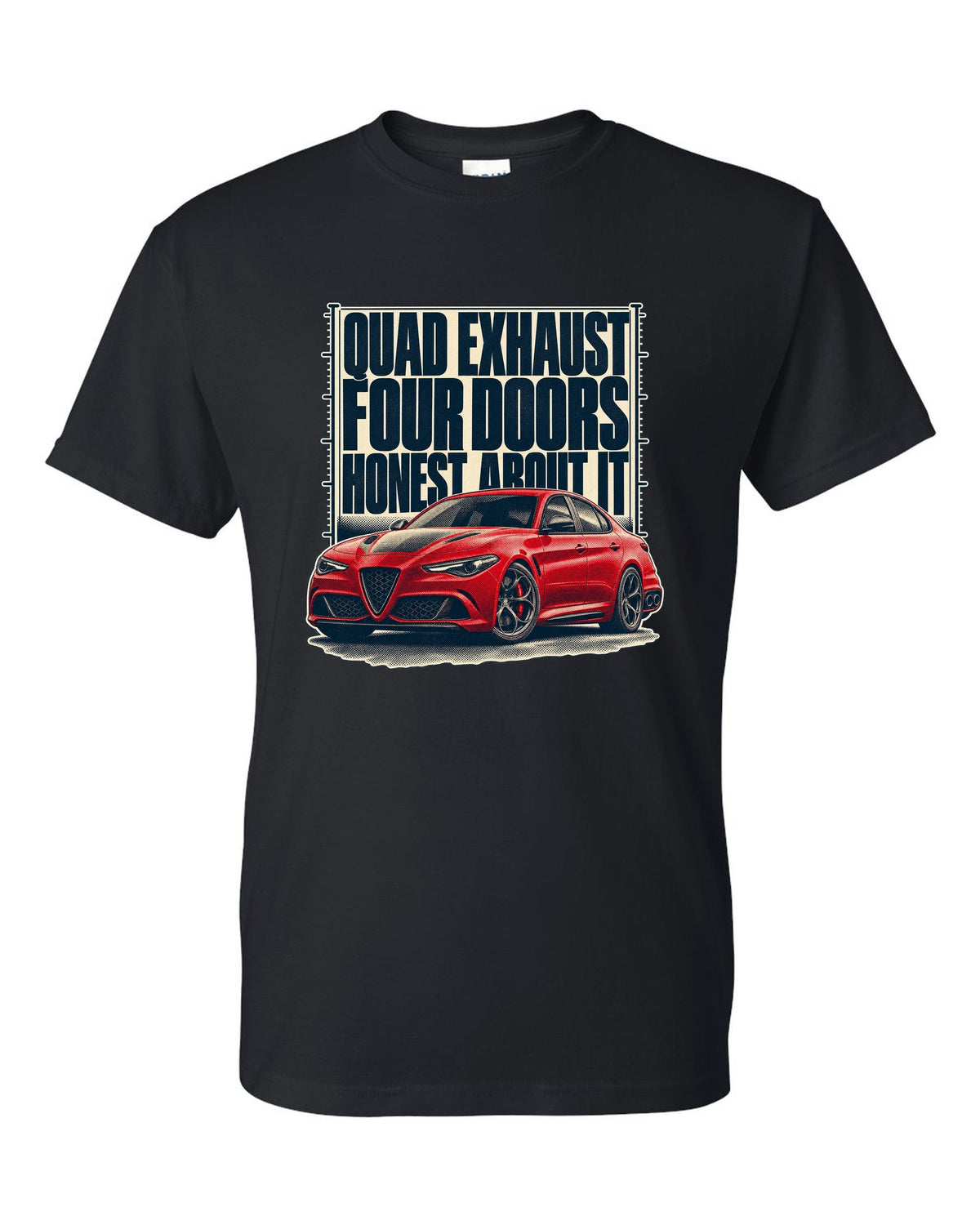 Alfa Romeo Giulia Quadrifoglio halftone statement print black t-shirt front view with the design