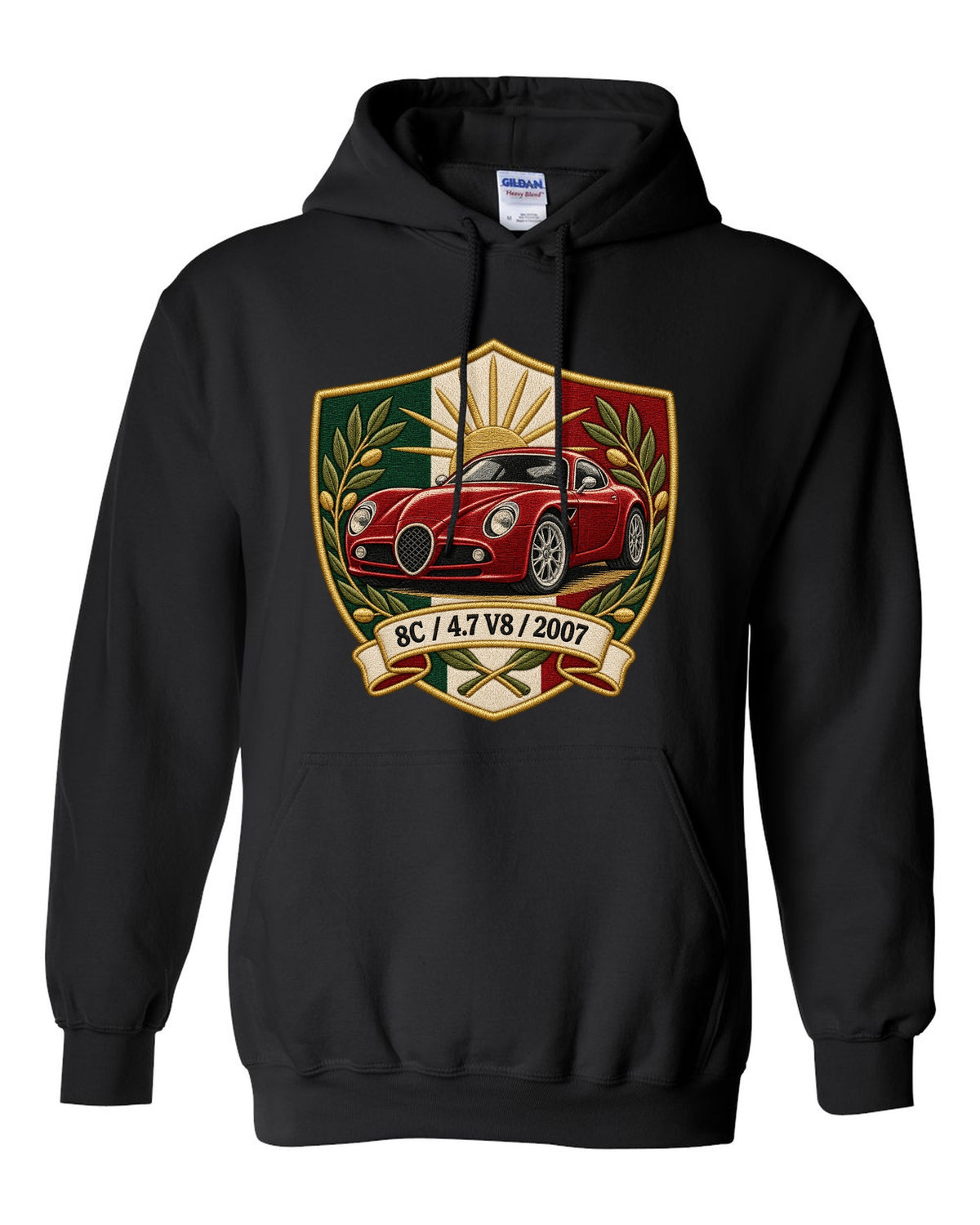 Embroidery style varsity crest for an Alfa Romeo 8C Competizione with 4.7 V8 and 2007 black pull over hoodie front view with the design