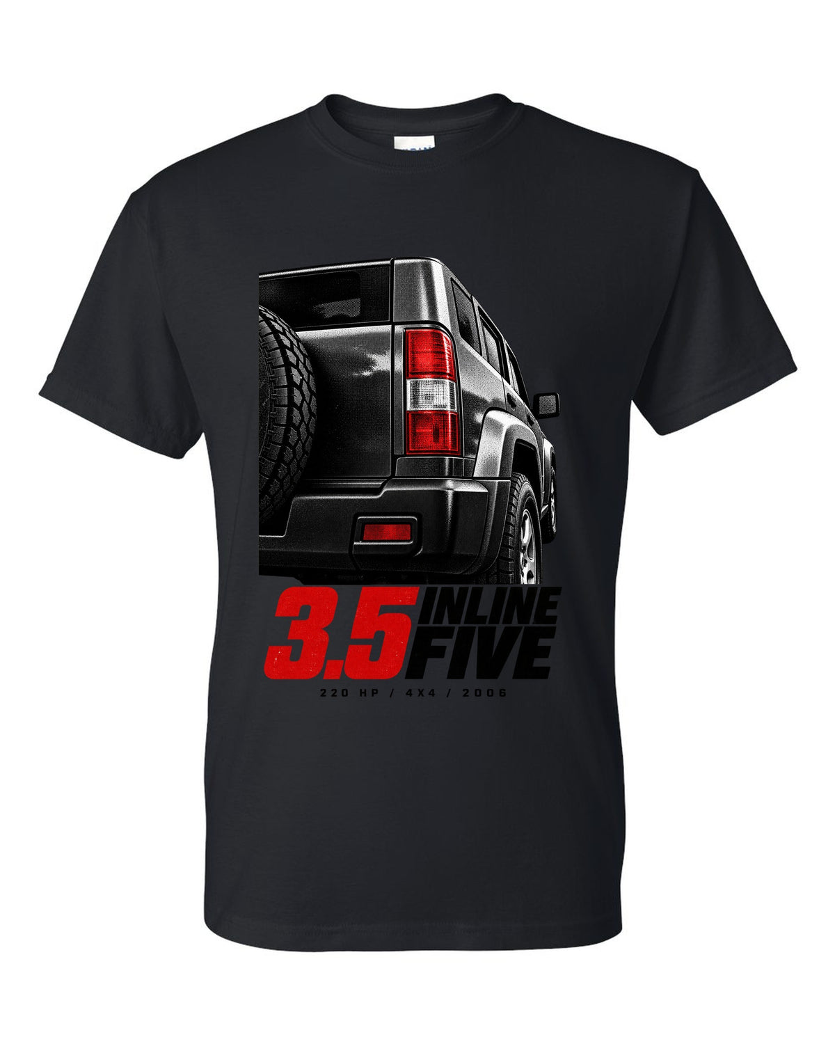 Macro print of a 2006-10 Hummer H3 taillight with engine lettering black t-shirt front view with the design