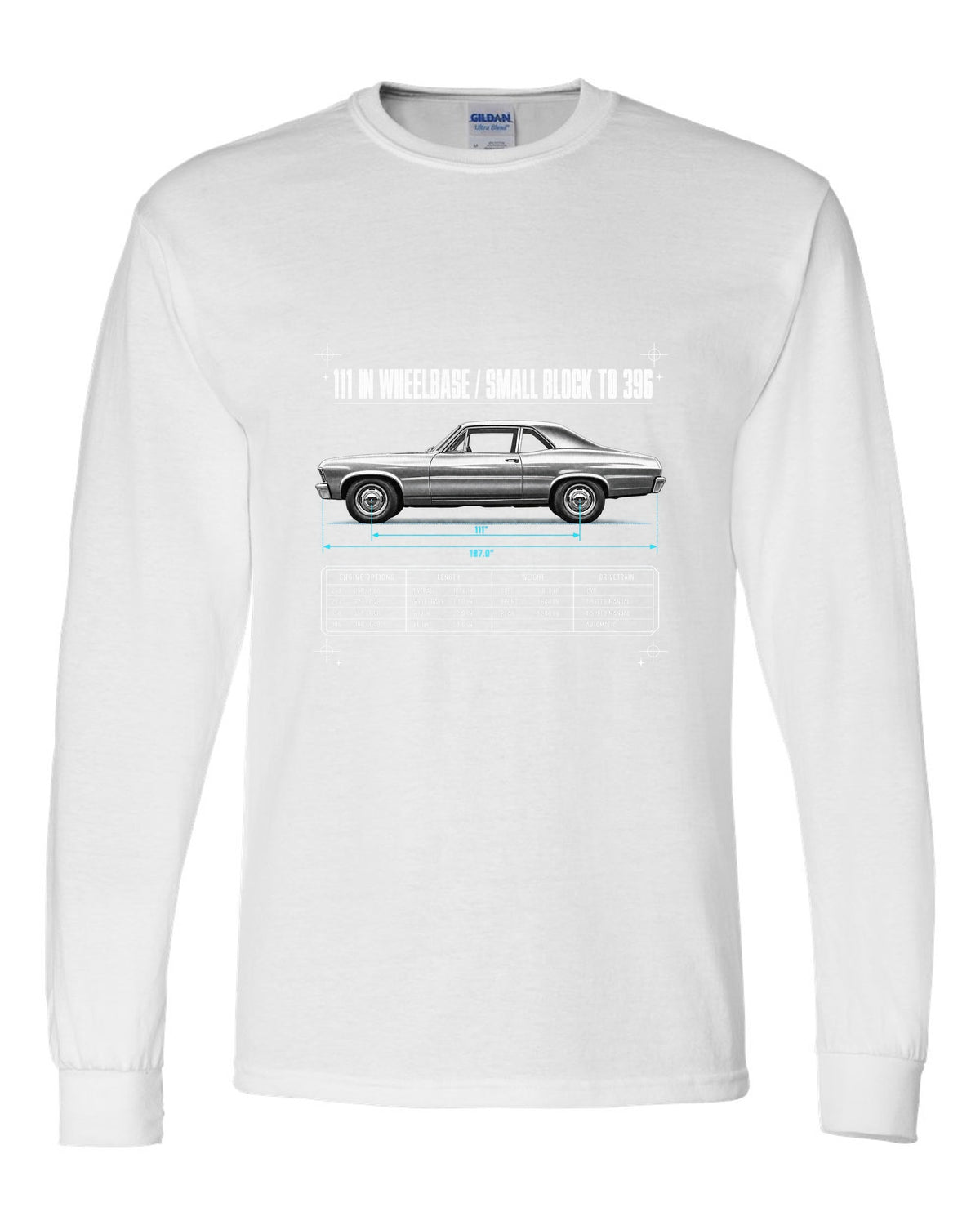1968 Nova X-Body Spec Poster white long sleeve front view with the design
