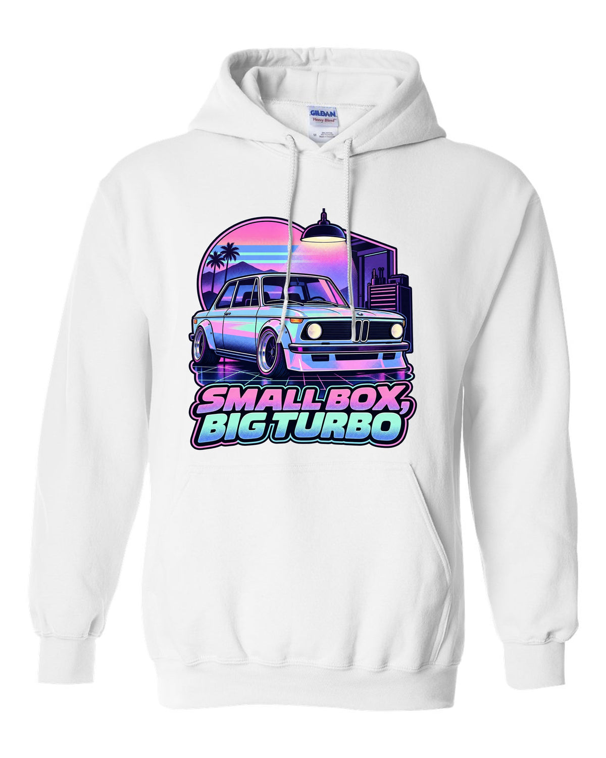 BMW 2002 turbo vaporwave pastel print with small box big turbo text white pull over hoodie front view with the design