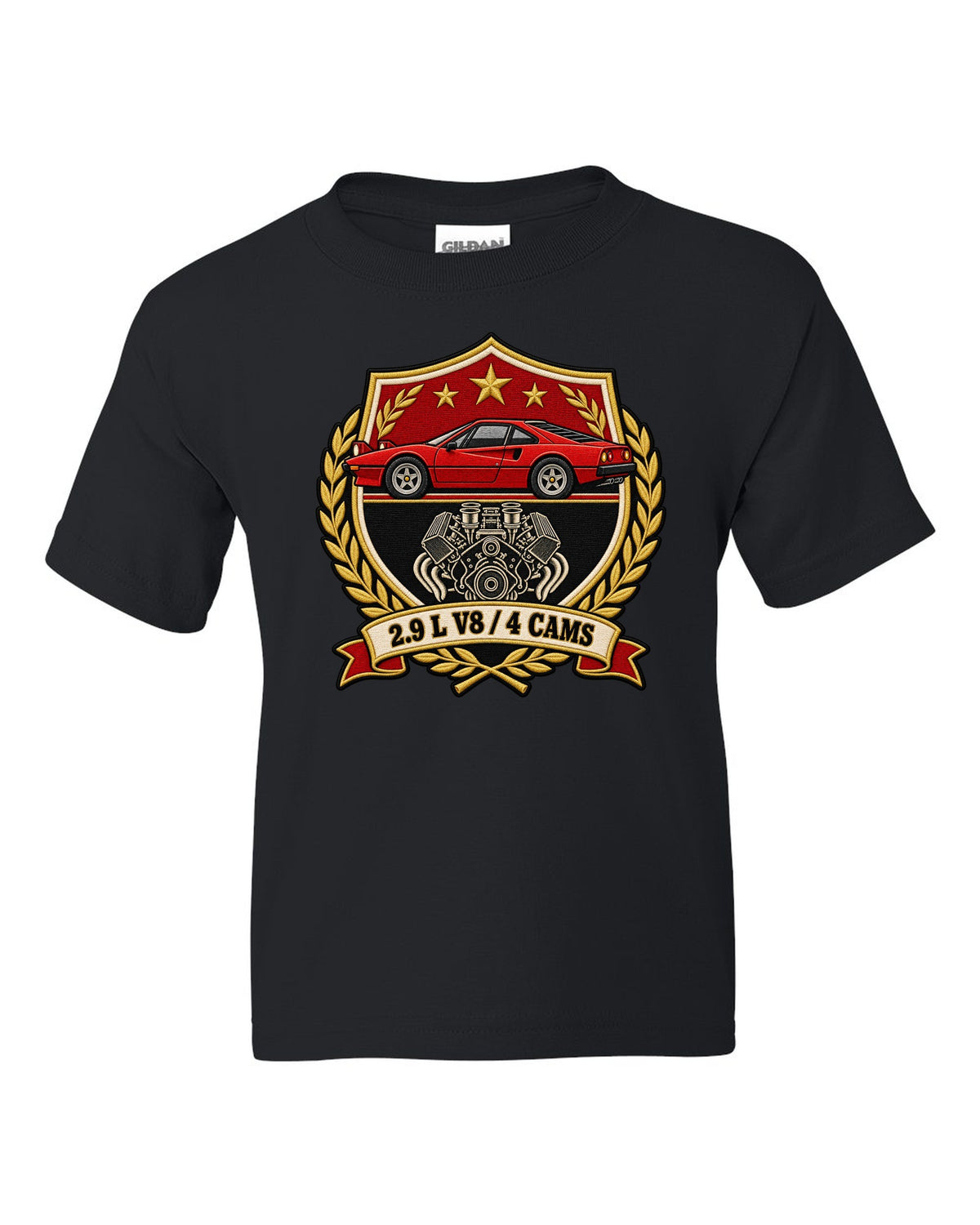 Varsity crest print for the Ferrari 308 GTB with the text 2.9 L V8, 4 cams black kids tee front view with the design