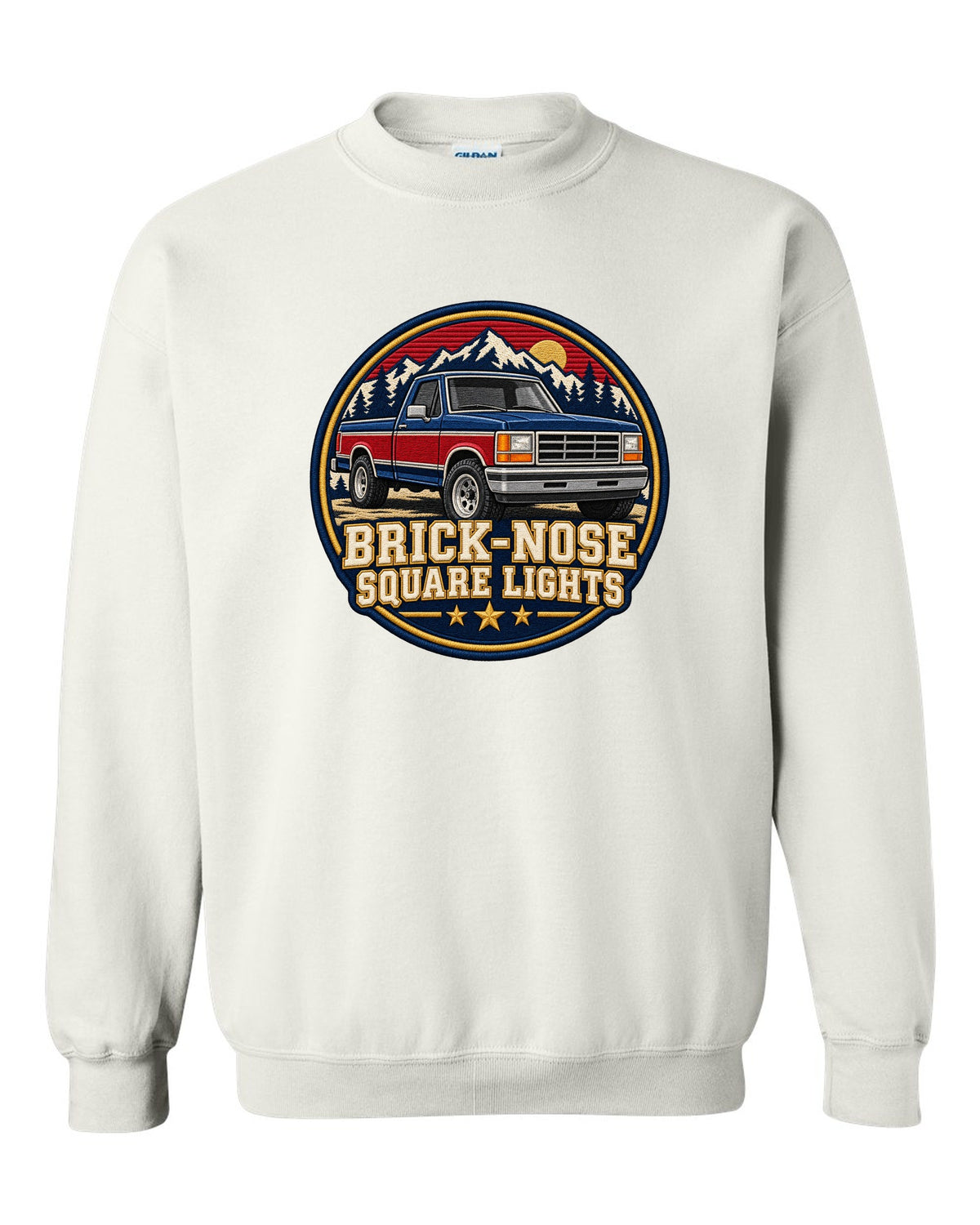 Shield crest print for a 1987-91 Ford F-150 Brick-Nose with square lights text white crewneck front view with the design