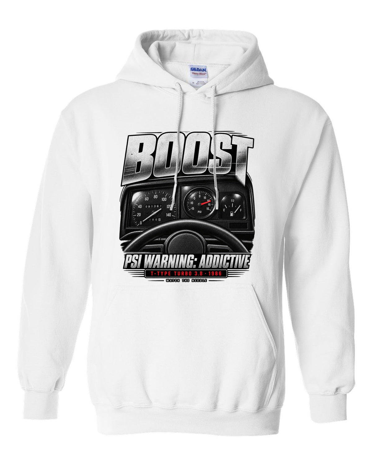 1986 Buick Grand National boost gauge cockpit print with T-Type turbo text white pull over hoodie front view with the design