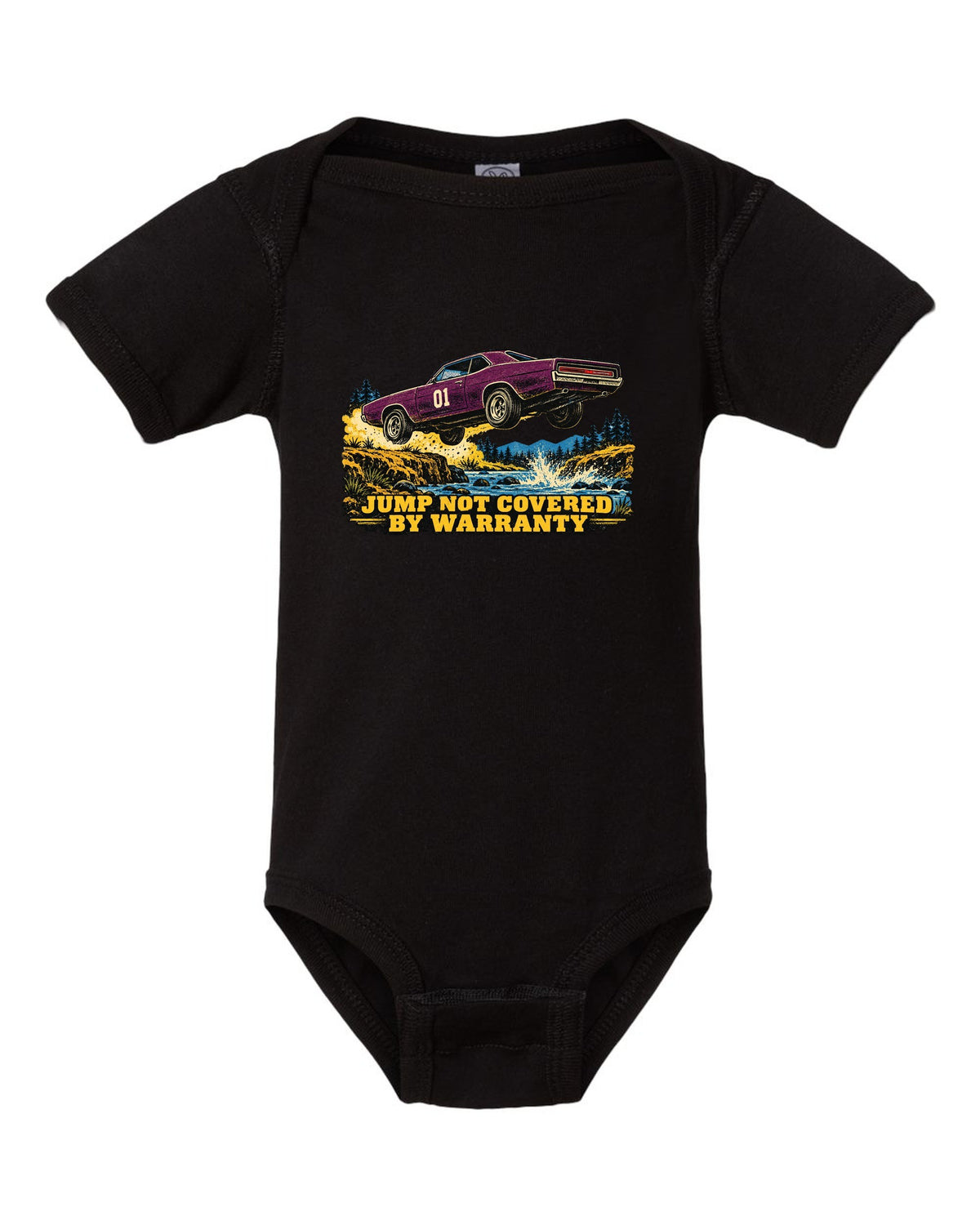 Vintage screen print of an orange 1969 Dodge Charger B-body mid-jump with number 01 on the doors black baby onesie front view with the design