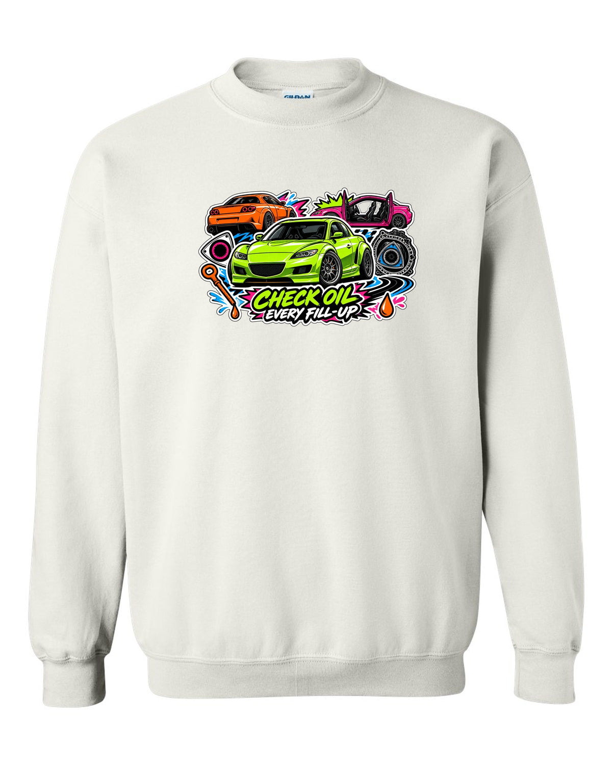 Retro synthwave sunset grid design for the Mazda RX-8 Renesis with 15 MPG ON A GOOD DAY lettering white crewneck front view with the design