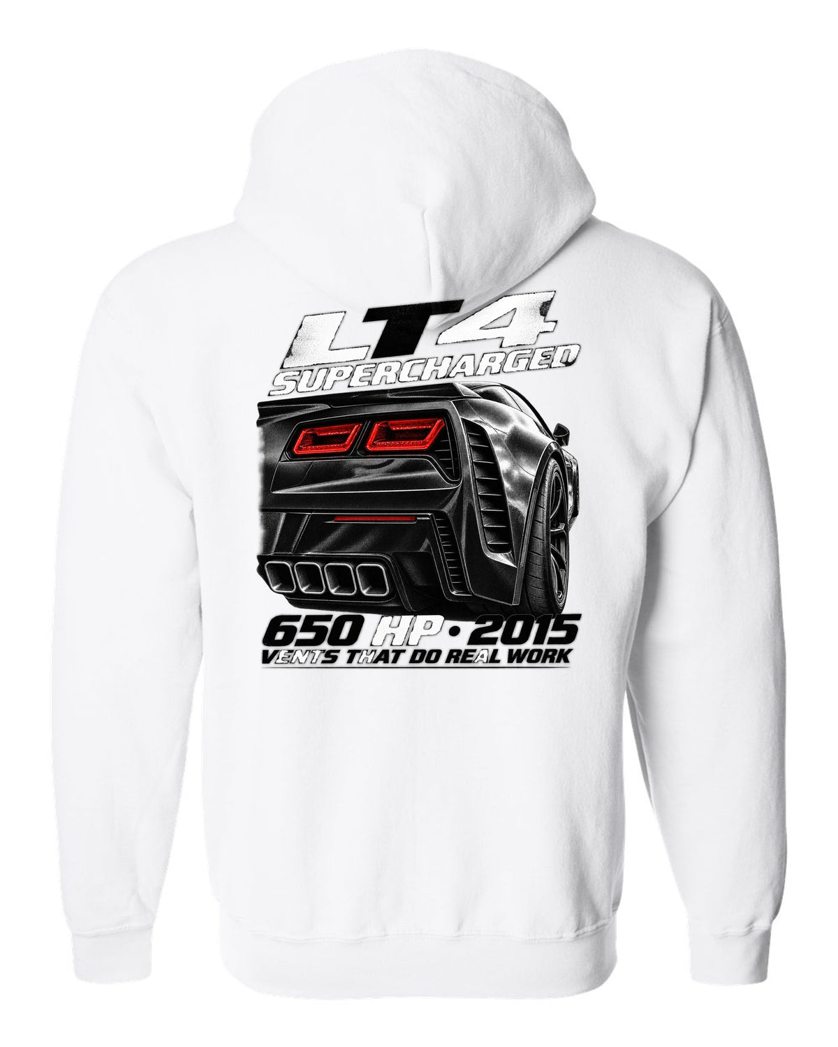 Corvette C7 Z06 rear vents close-up with LT4 650 HP text white zip hoodie back view with the design