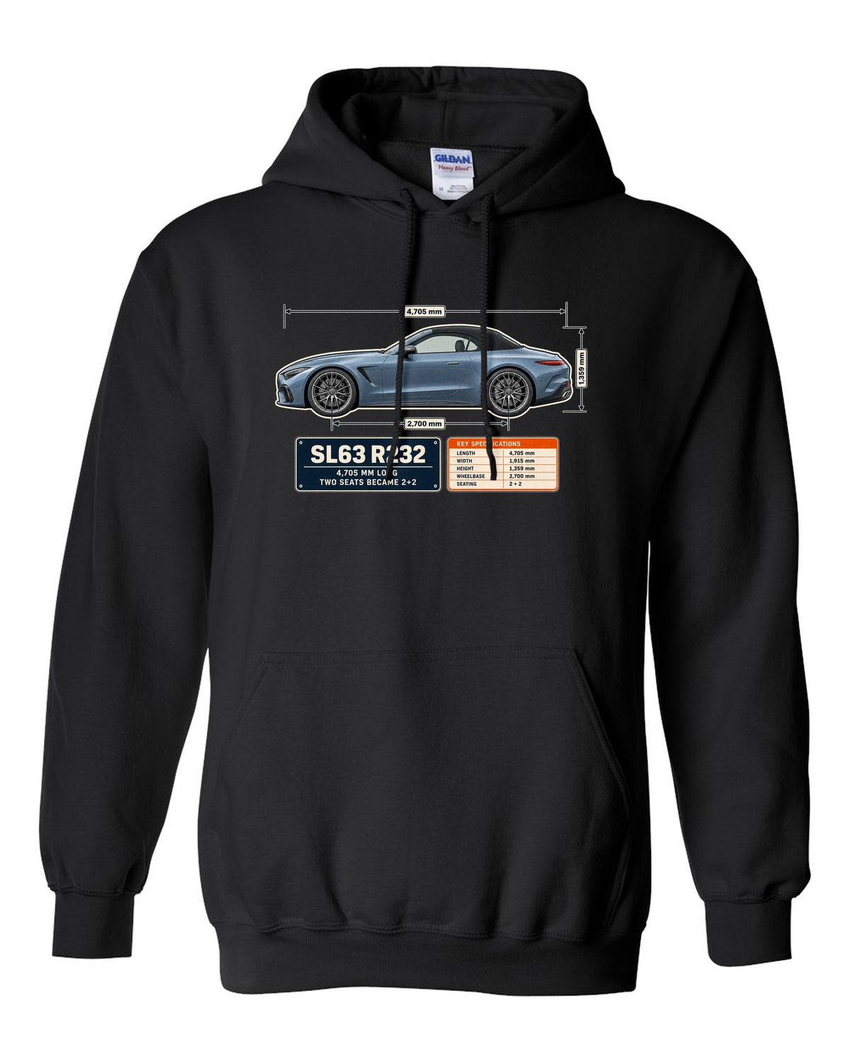 Mercedes-AMG SL63 R232 Dimension Blueprint black pull over hoodie front view with the design