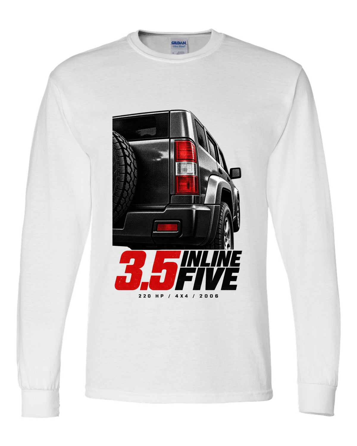 Macro print of a 2006-10 Hummer H3 taillight with engine lettering white long sleeve front view with the design