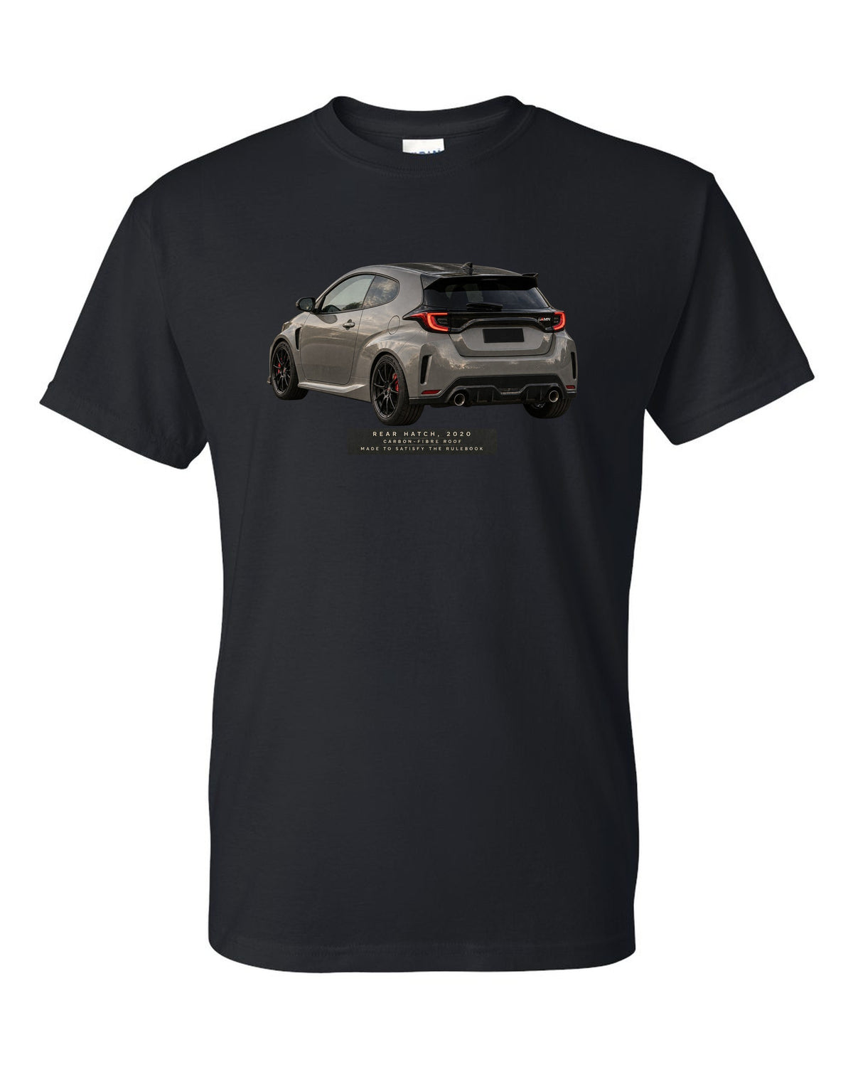 Close-up of a Toyota GR Yaris 2020 rear tailgate and taillight black t-shirt front view with the design