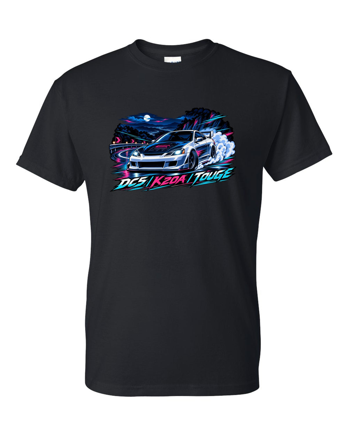 Crest layout print for the Honda Integra Type R DC5 with 6MT only text black t-shirt front view with the design