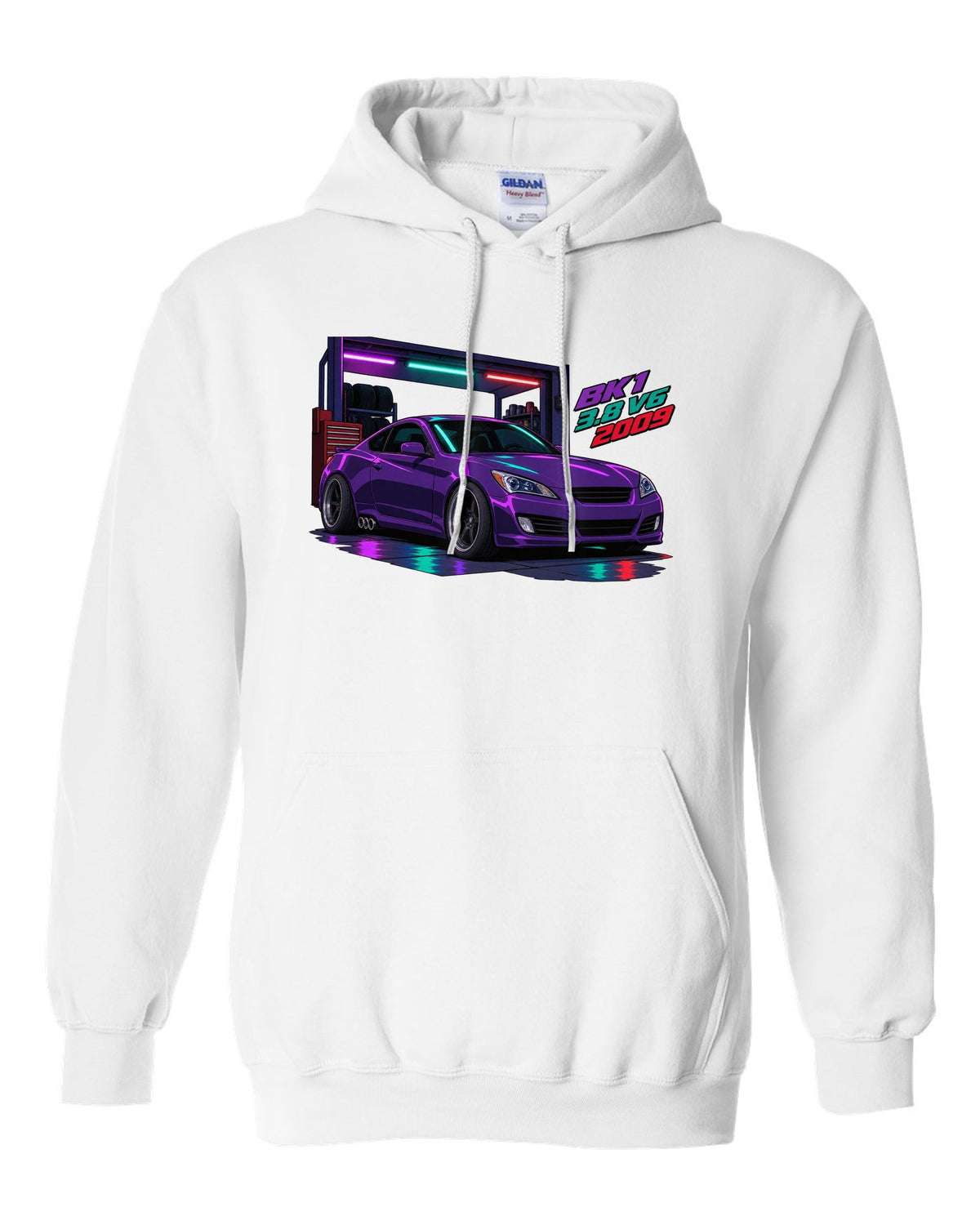 Cel-shaded anime print of a Hyundai Genesis Coupe BK1 in a garage with 3.8 V6 2009 text white pull over hoodie front view with the design