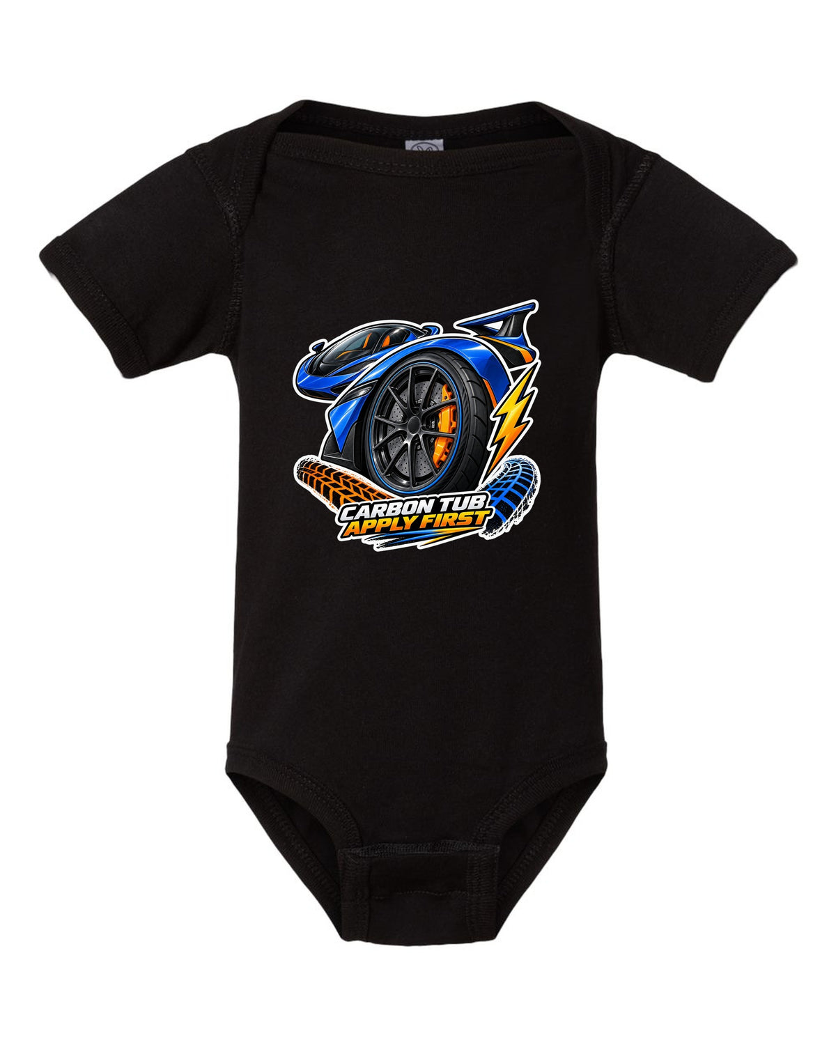 Sticker-bomb collage print for the 2017-2022 Ford GT with carbon tub text black baby onesie front view with the design