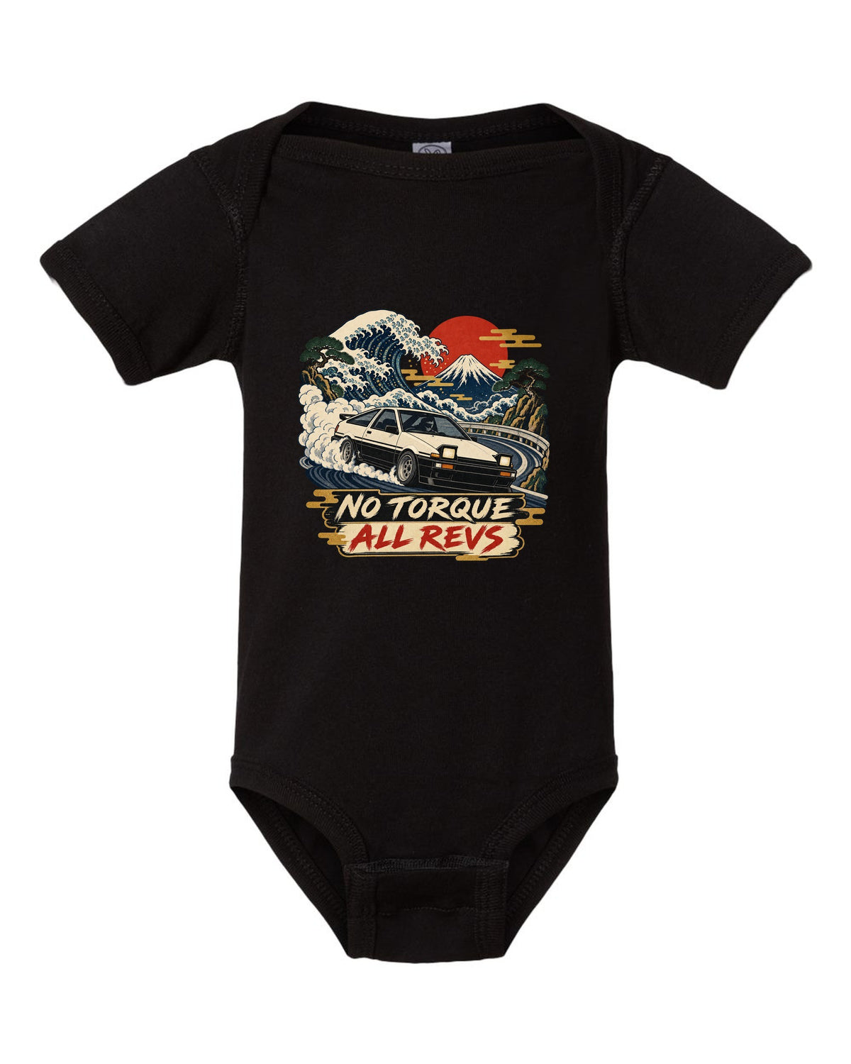 Woodblock ukiyo-e print of a 1985 Toyota Sprinter Trueno AE86 with No Torque All Revs lettering black baby onesie front view with the design