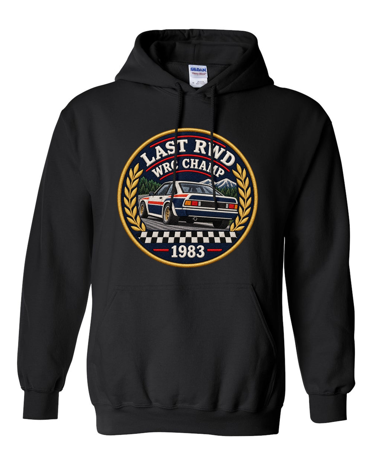 Embroidery patch style print of a 1983 Lancia Rally 037 with Last RWD WRC Champ lettering black pull over hoodie front view with the design