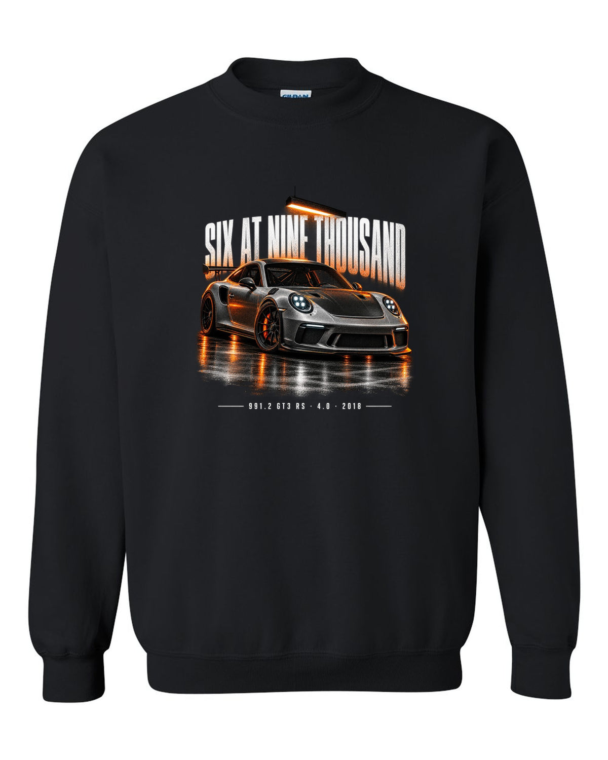 Garage night poster print of a 2018 Porsche 911 GT3 RS 991.2 black crewneck front view with the design