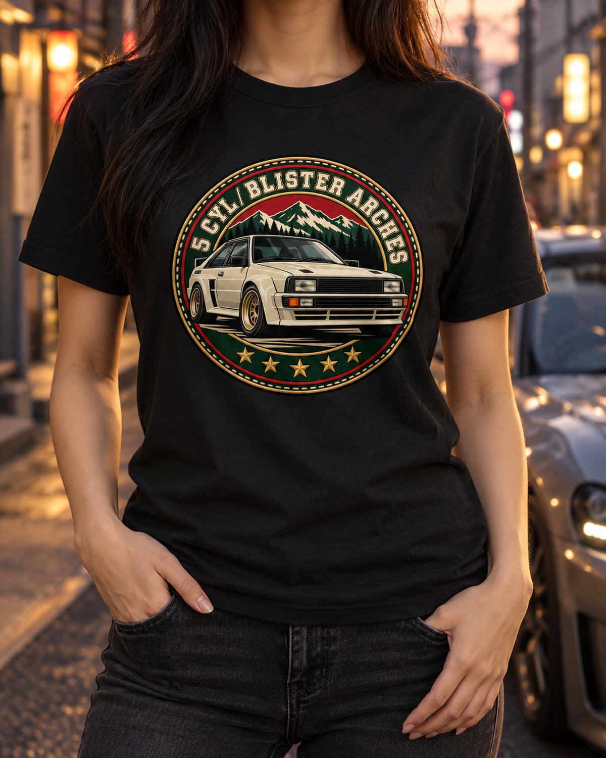 Audi Ur-Quattro Varsity Crest Shirt, Blister Arches Tee T-Shirt Black worn hero