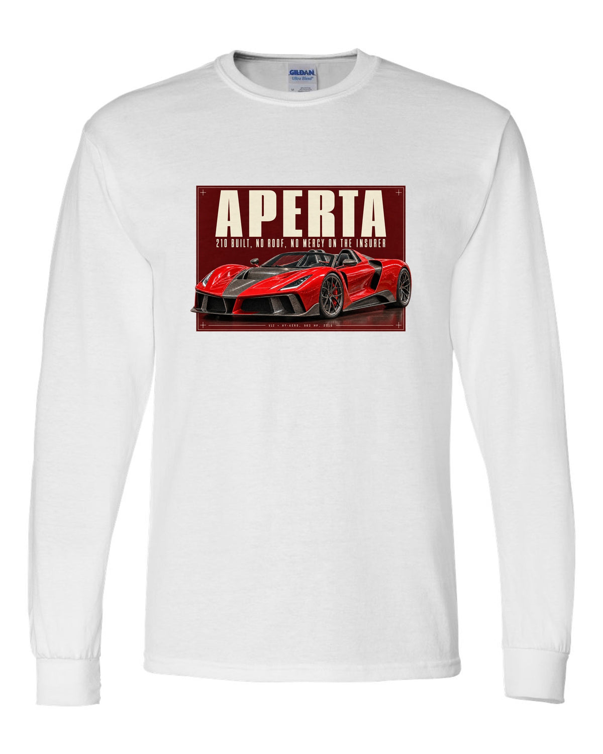 Ferrari LaFerrari Aperta editorial headline print, 210 built white long sleeve front view with the design