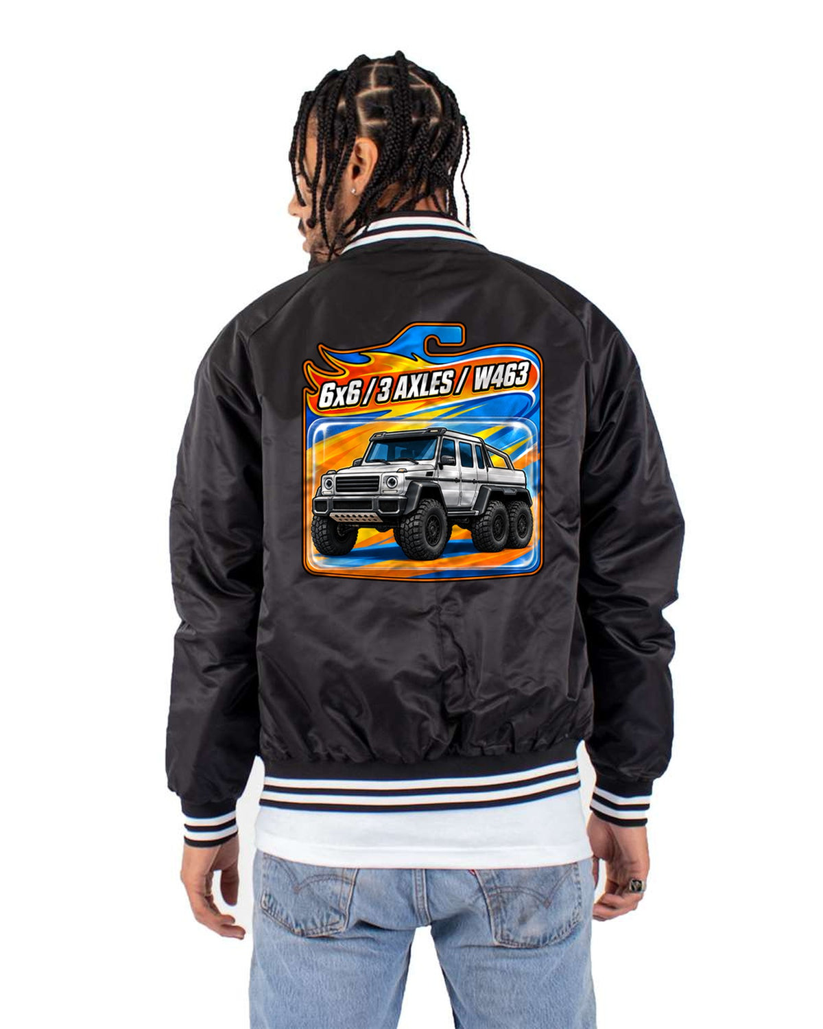 Mercedes G63 6x6 W463 Three Axles Hot Wheels-Style Card Tee Bomber Jacket Black back