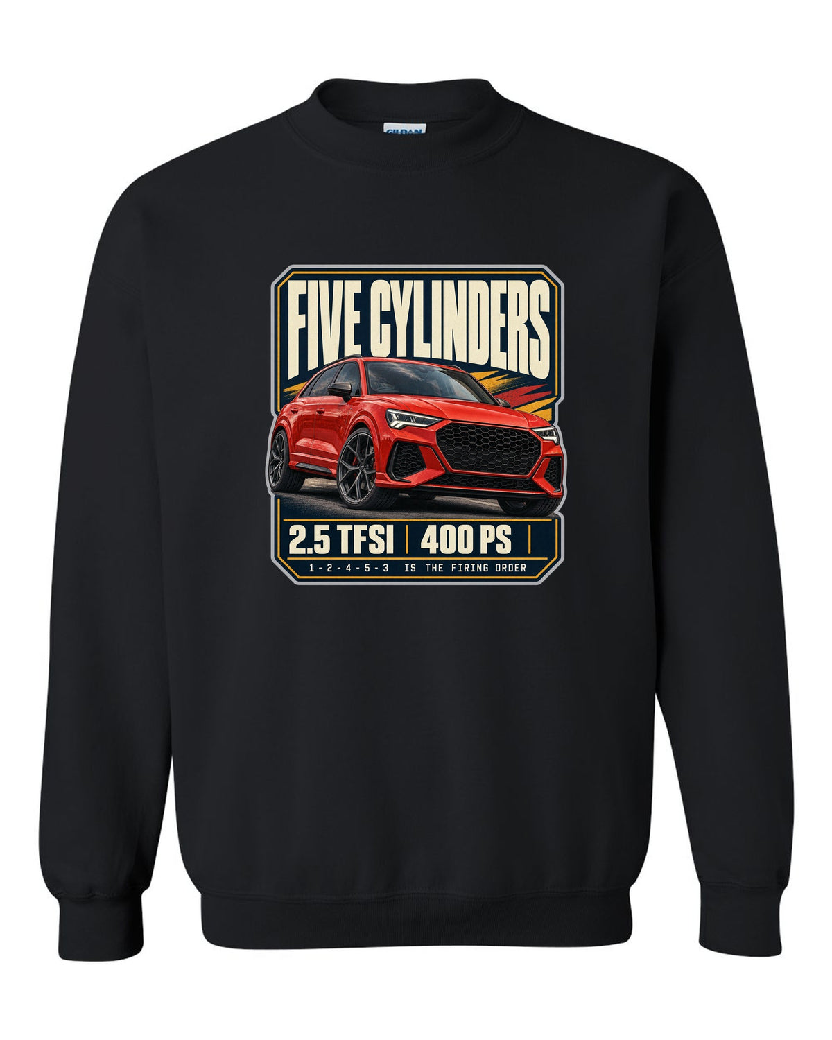 Audi RS Q3 F3 editorial headline print with five-cylinder text black crewneck front view with the design