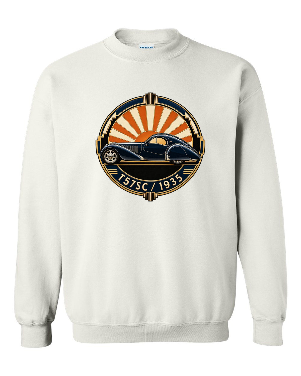 Art Deco crest design featuring the Bugatti Type 57SC Atlantic with T57SC 1935 lettering white crewneck front view with the design