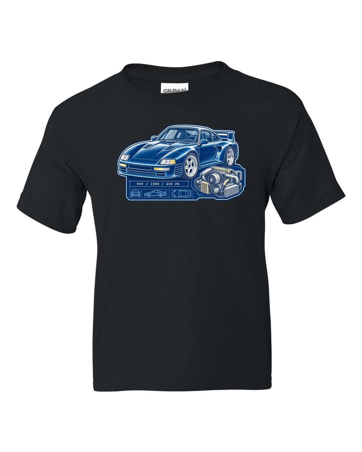 Porsche 959 cyanotype blueprint design with 1986 and 450 PS lettering black kids tee front view with the design
