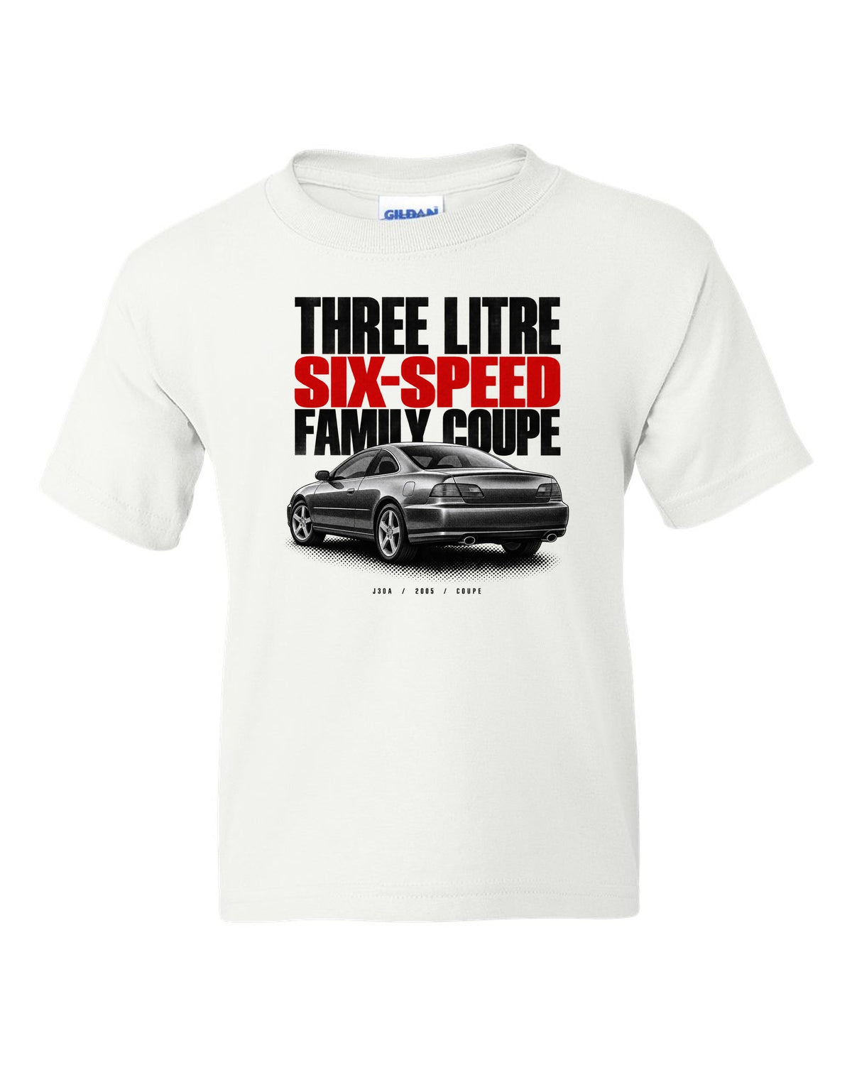 Halftone print for the 2005 Honda Accord V6 coupe reading three litre, six-speed, family coupe white kids tee front view with the design