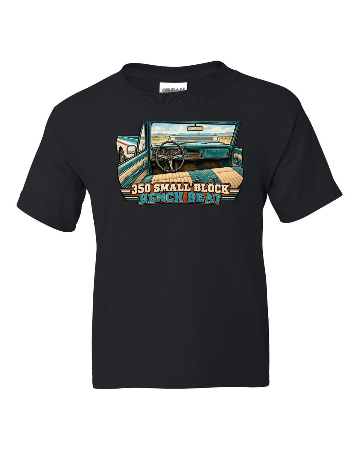 Watercolour wash print of a 1971 Chevrolet C10 Cheyenne with 350 Small Block and Bench Seat text black kids tee front view with the design