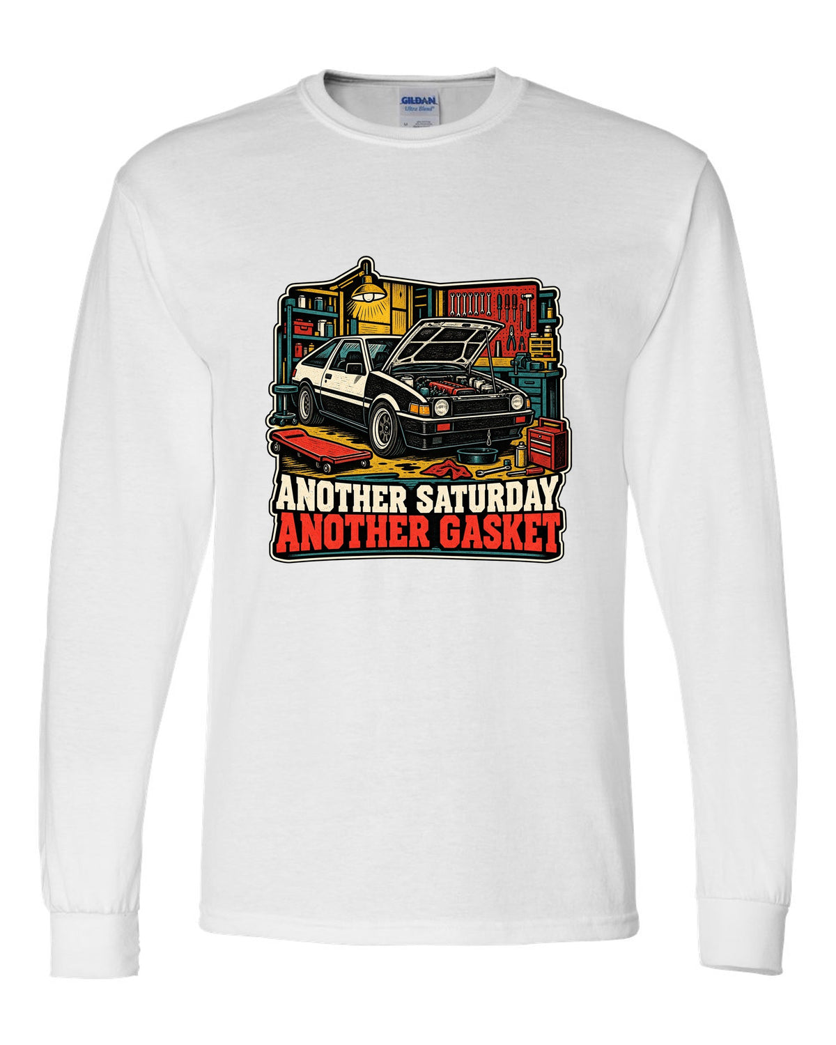 Linocut woodcut-style Toyota Corolla Levin AE86 with garage Saturday slogan white long sleeve front view with the design