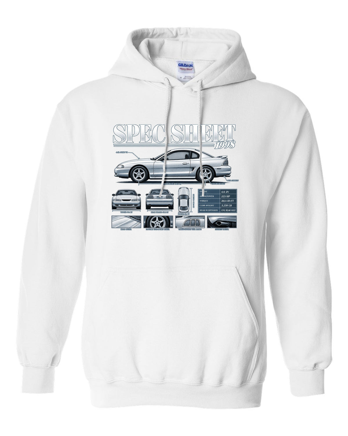 Spec sheet poster print of a 1998 SN95 Ford Mustang GT coupe white pull over hoodie front view with the design