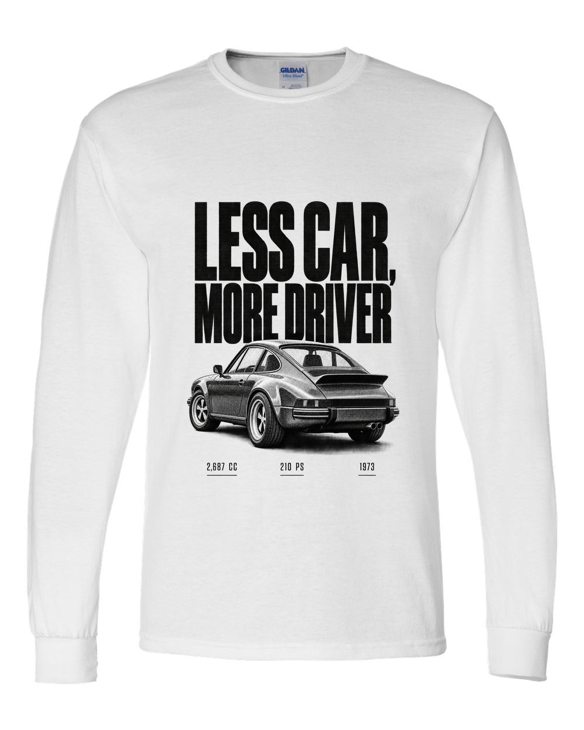 Halftone print of the 1973 Porsche 911 Carrera RS 2.7 with the line Less Car More Driver white long sleeve front view with the design