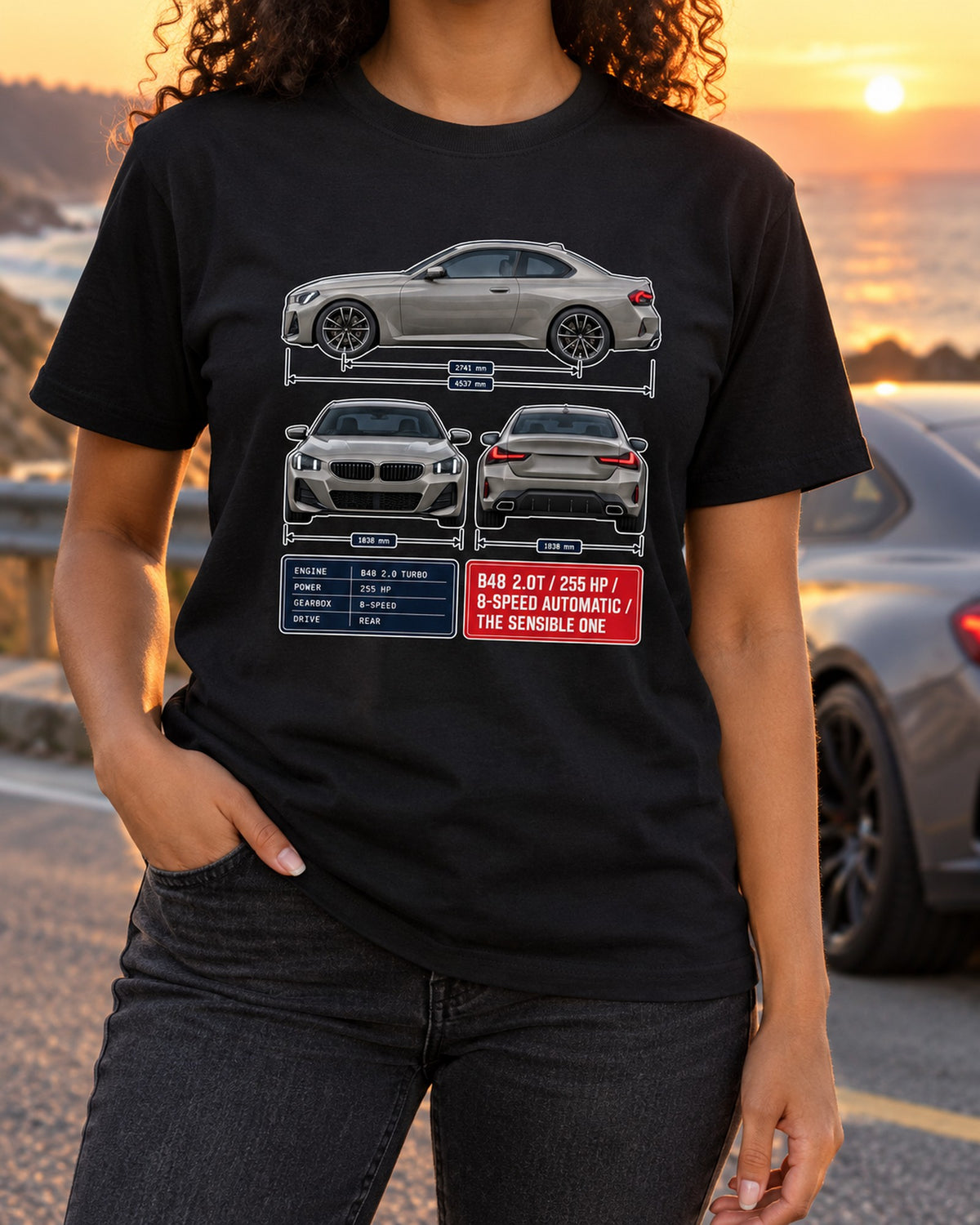 BMW 230i G42 Three-View Spec Table Tee, Car Shirt T-Shirt Black worn hero