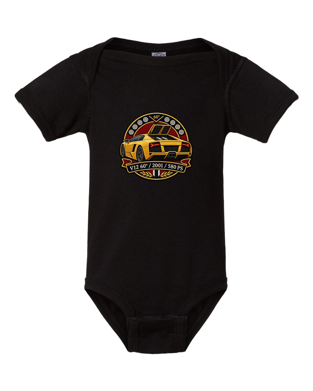 Embroidery-style varsity crest design of a 2001 Lamborghini Murcielago with V12 and 580 PS text black baby onesie front view with the design