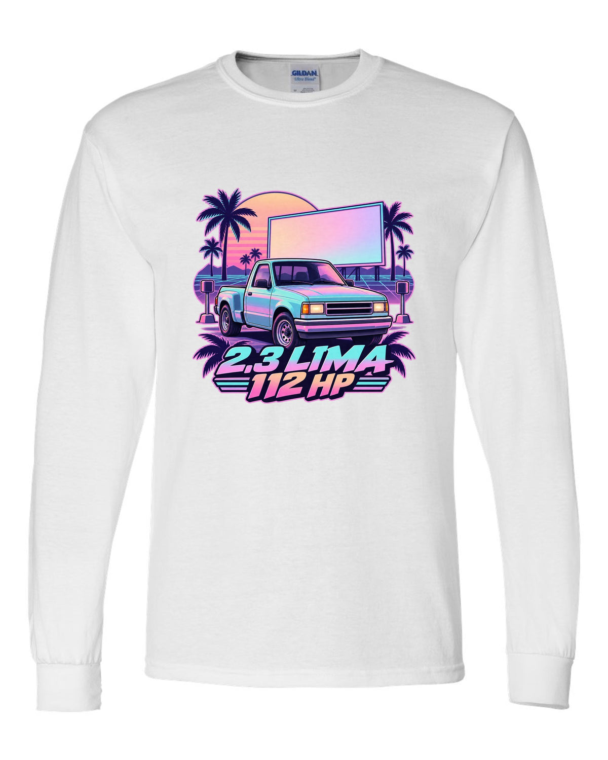 Ford Ranger 1995 stepside at a drive-in in a vaporwave pastel print white long sleeve front view with the design