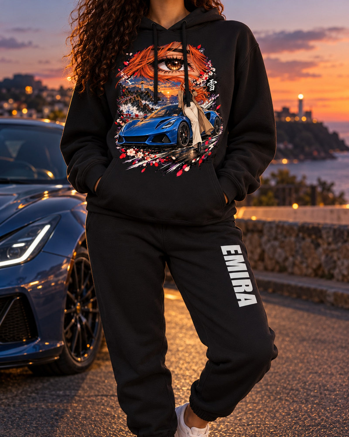Lotus Emira Anime Girl Hoodie + Jogger Set Black worn hero