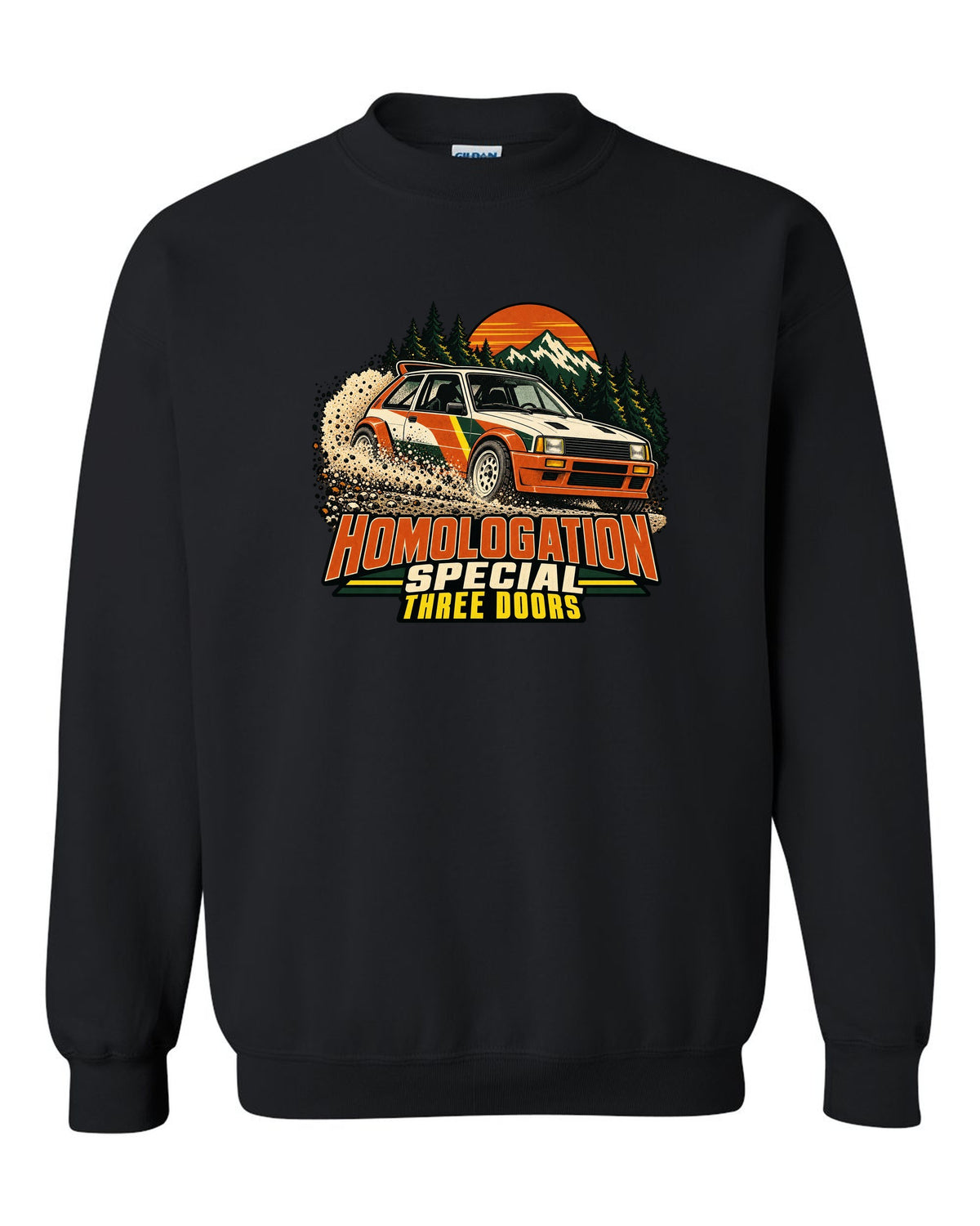 Vintage rally poster of a Toyota GR Yaris sliding on gravel with homologation text black crewneck front view with the design
