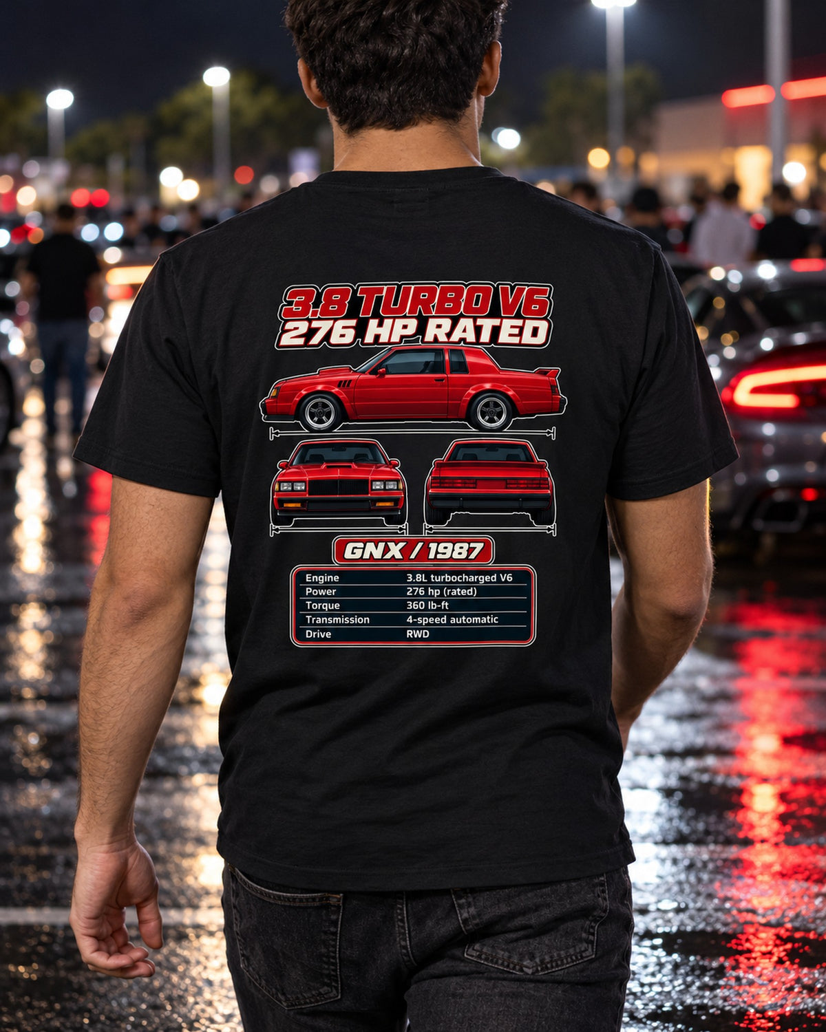Buick Grand National Gnx Spec Sheet Full-Back Graphic Tee T-Shirt Black worn hero