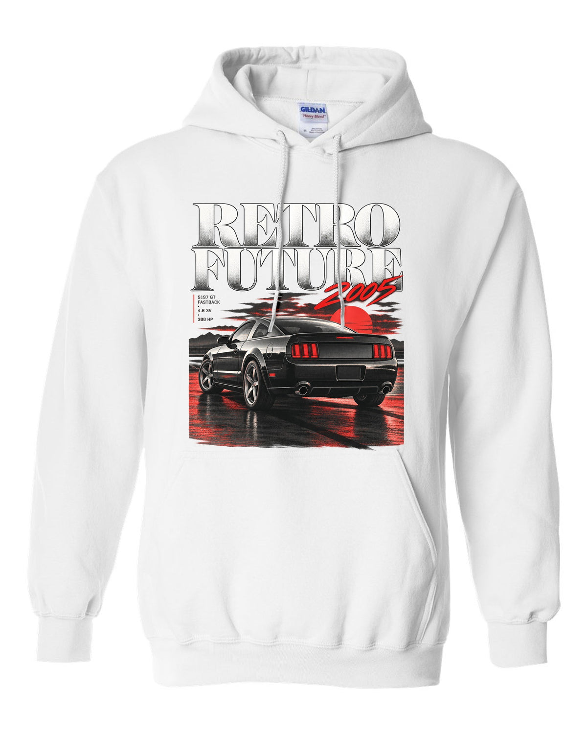 Editorial headline print of a 2005-09 Ford Mustang S197 GT fastback white pull over hoodie front view with the design