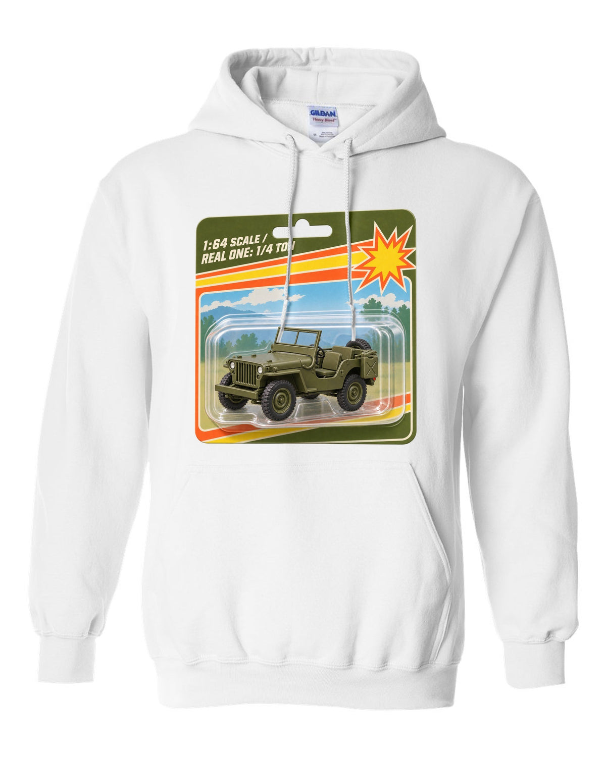 Toy blister card style print of a Willys MB with 1:64 scale text white pull over hoodie front view with the design